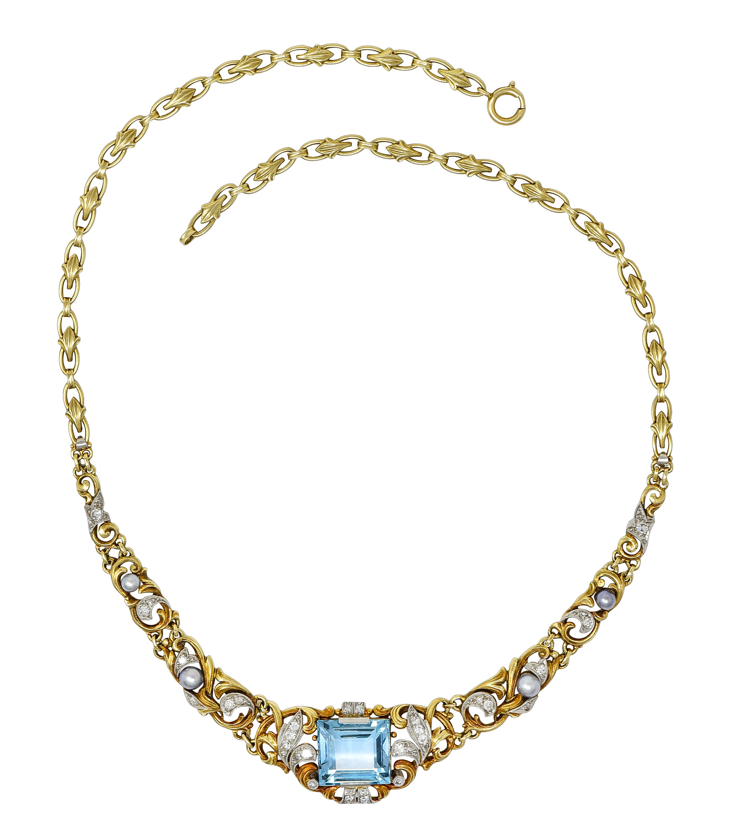 Edwardian 9.71 CTW Step-Cut Aquamarine Diamond Pearl Platinum 14 Karat Yellow Gold Fleur-De-Lis Antique Station Necklace Wilson's Estate Jewelry