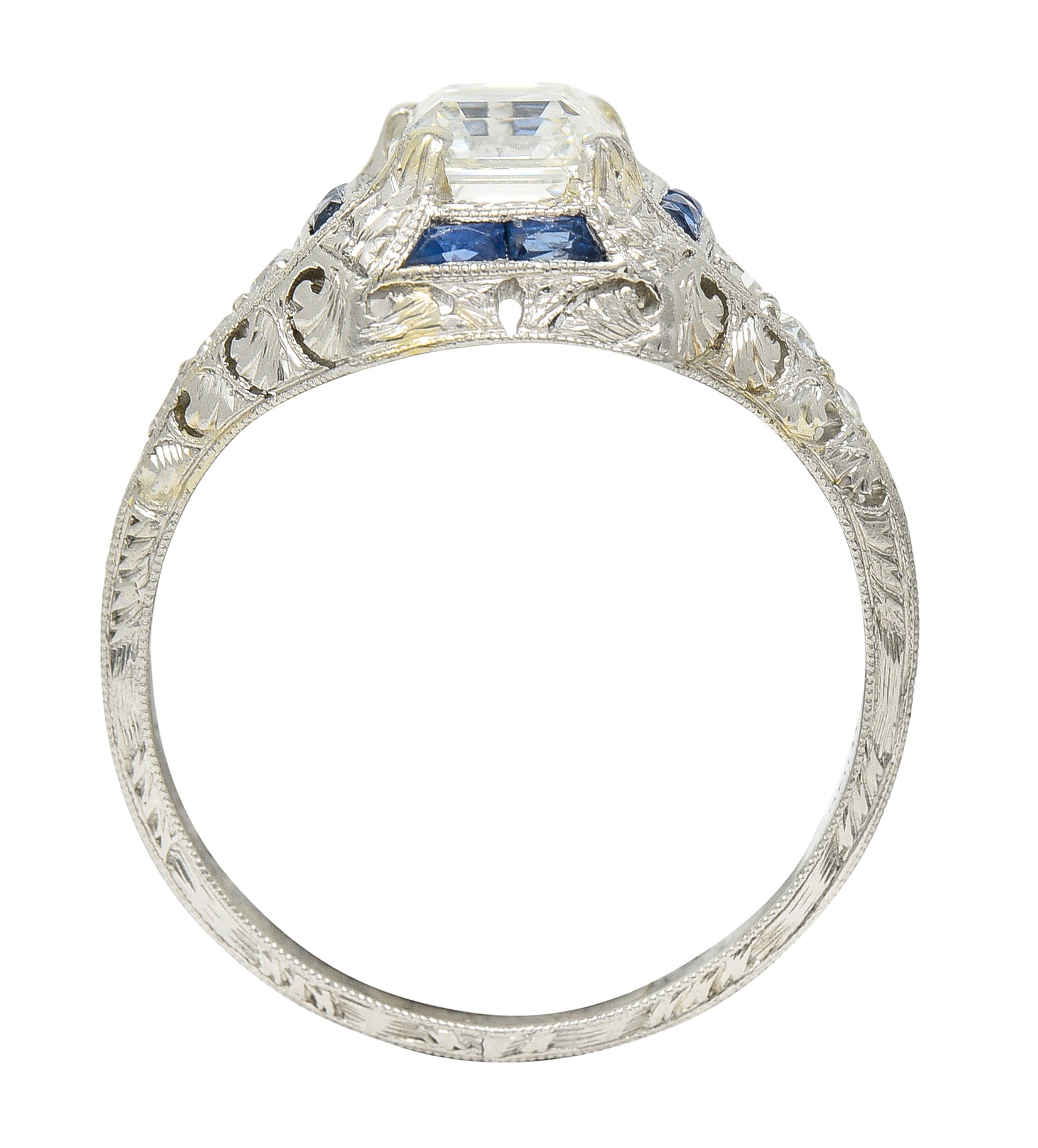 Art Deco 1.60 CTW Asscher Diamond Sapphire Platinum Engagement Ring Wilson's Estate Jewelry