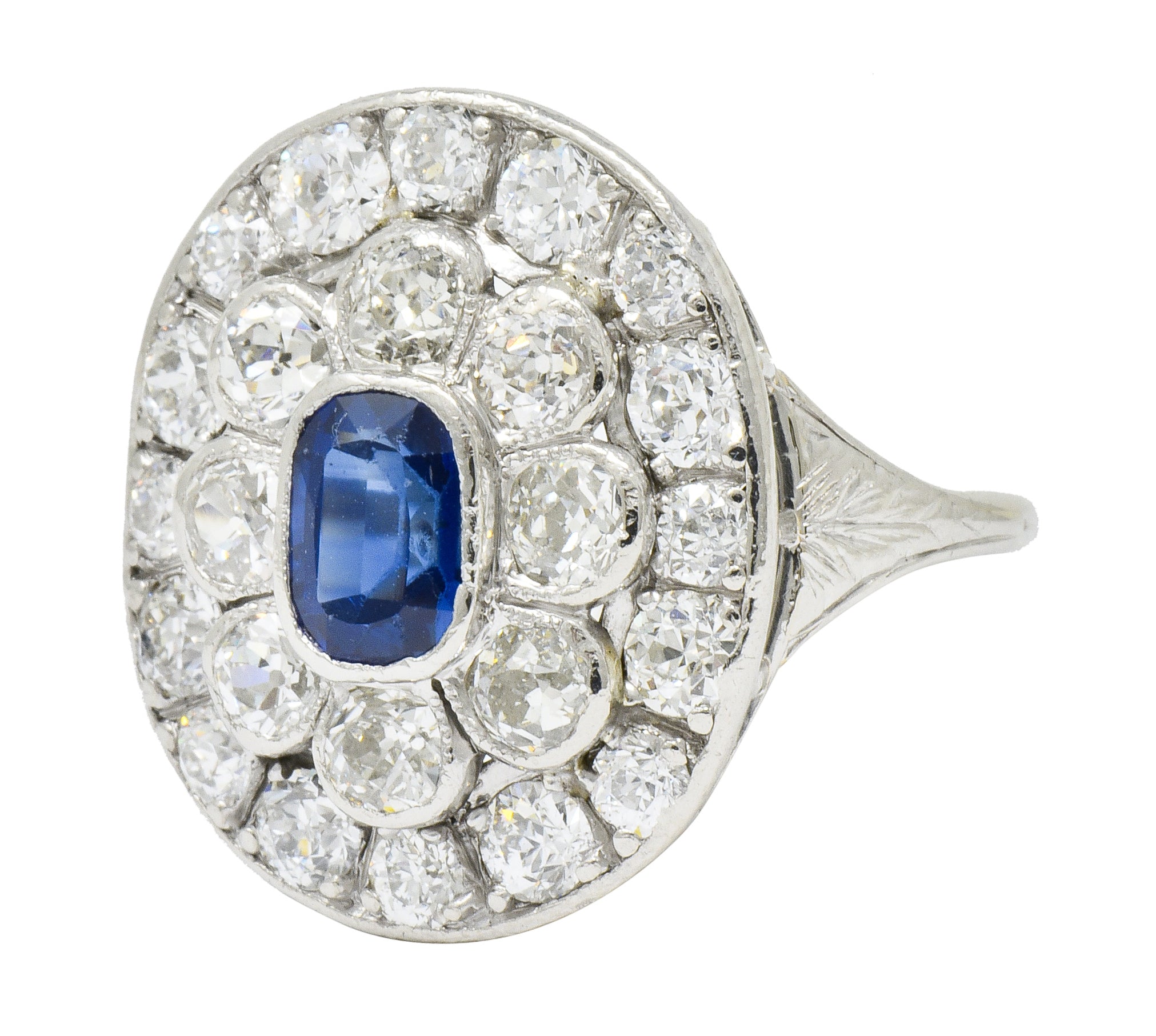 Art Deco 3.18 CTW Sapphire Diamond Platinum Cluster Dinner Ring - Wilson's Estate Jewelry