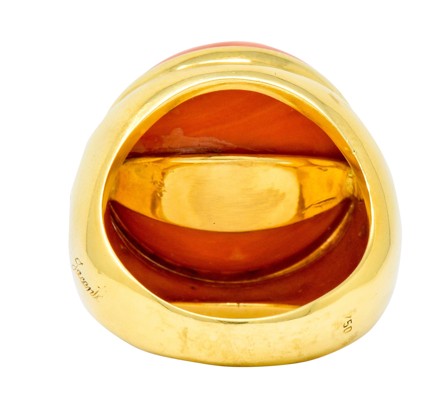 Jacent Vintage Coral Diamond 18 Karat Gold Unisex Cabochon Gemstone Ring - Wilson's Estate Jewelry