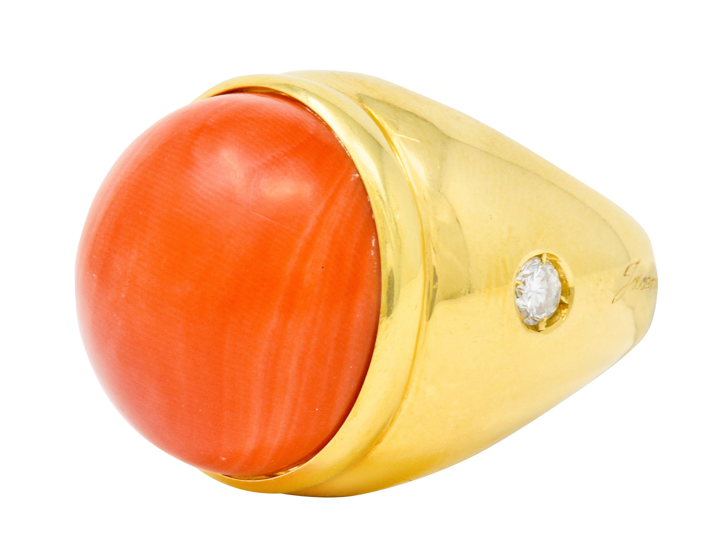 Jacent Vintage Coral Diamond 18 Karat Gold Unisex Cabochon Gemstone Ring - Wilson's Estate Jewelry