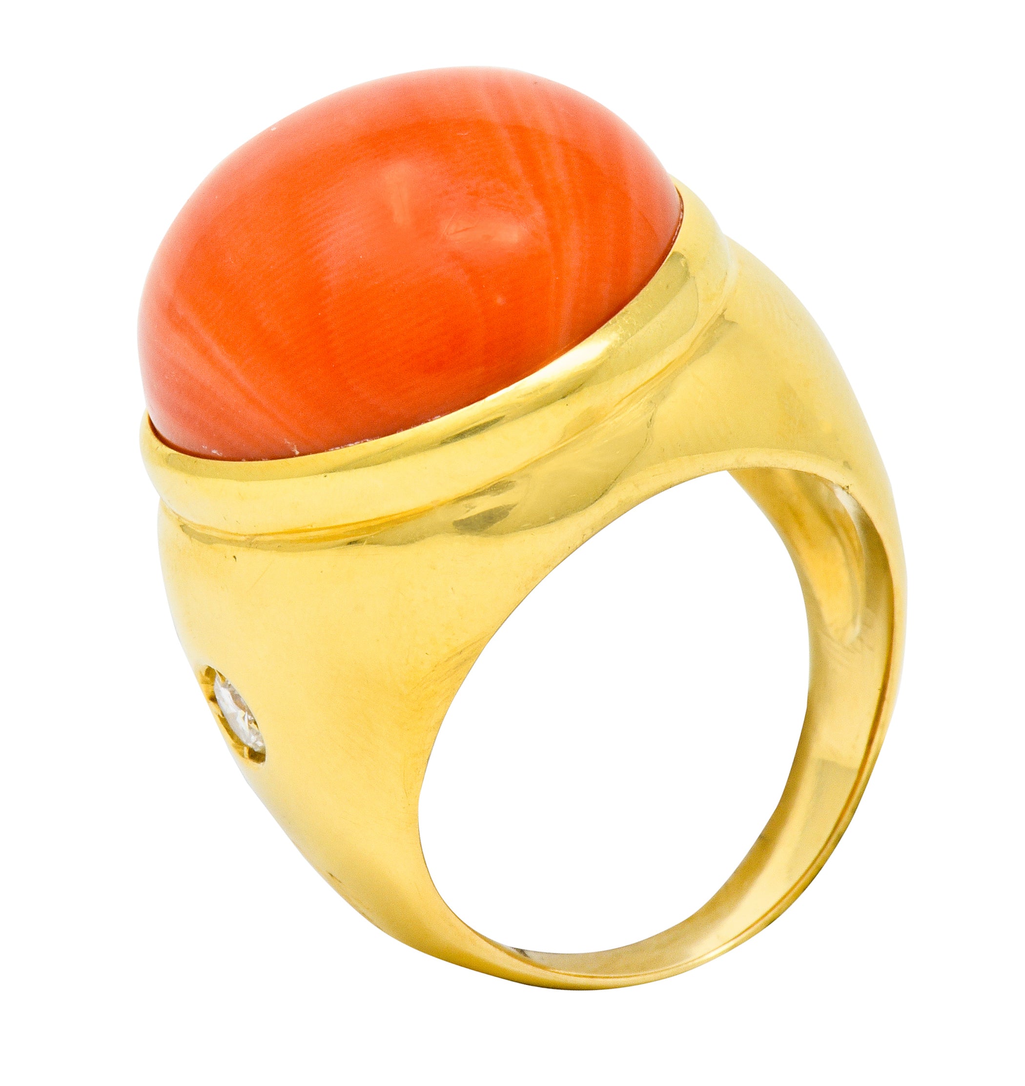 Jacent Vintage Coral Diamond 18 Karat Gold Unisex Cabochon Gemstone Ring - Wilson's Estate Jewelry
