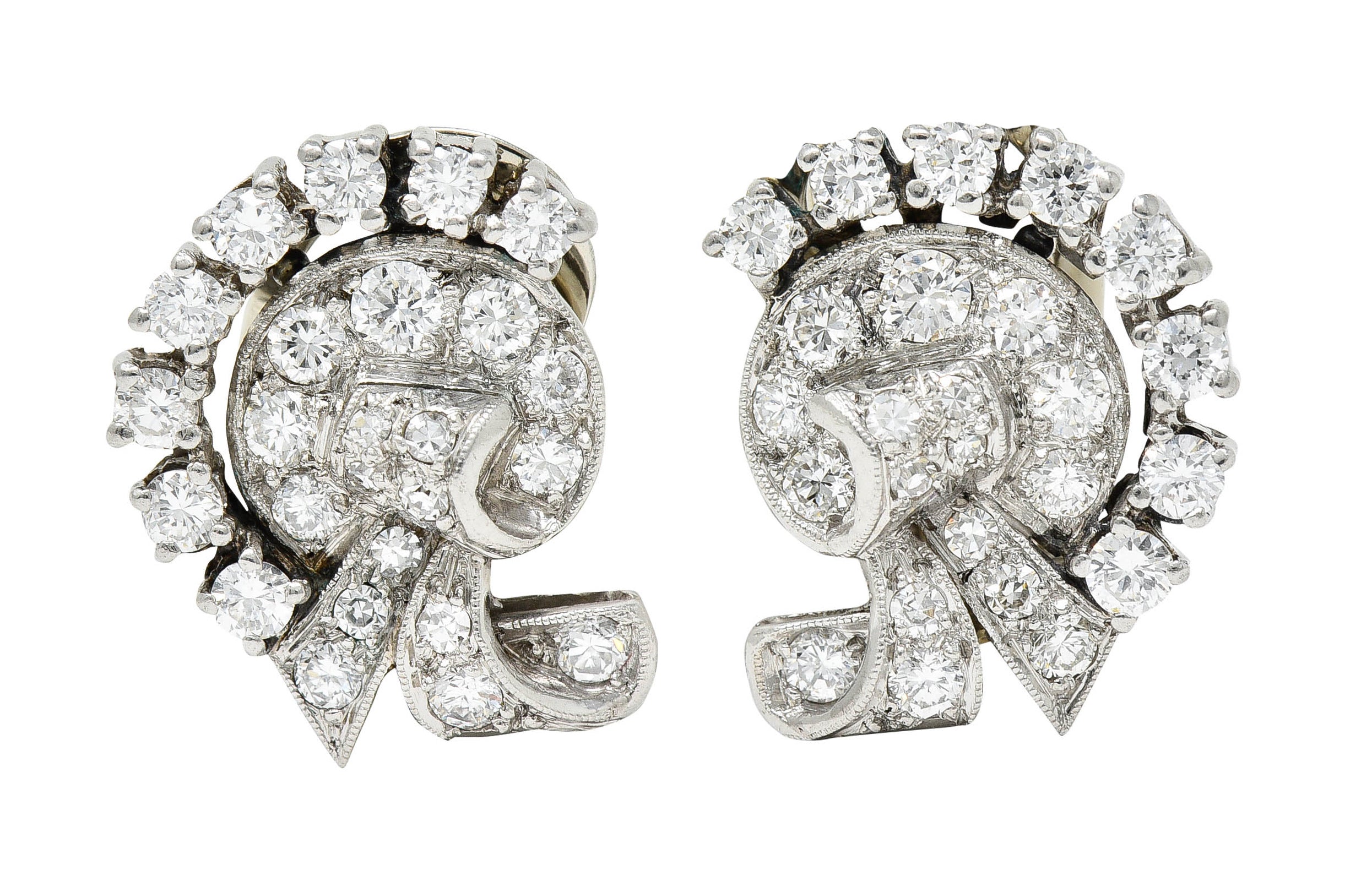 1950's Mid-Century 1.15 CTW Diamond Platinum Ribboned Ear-Clip EarringsEarrings - Wilson's Estate Jewelry
