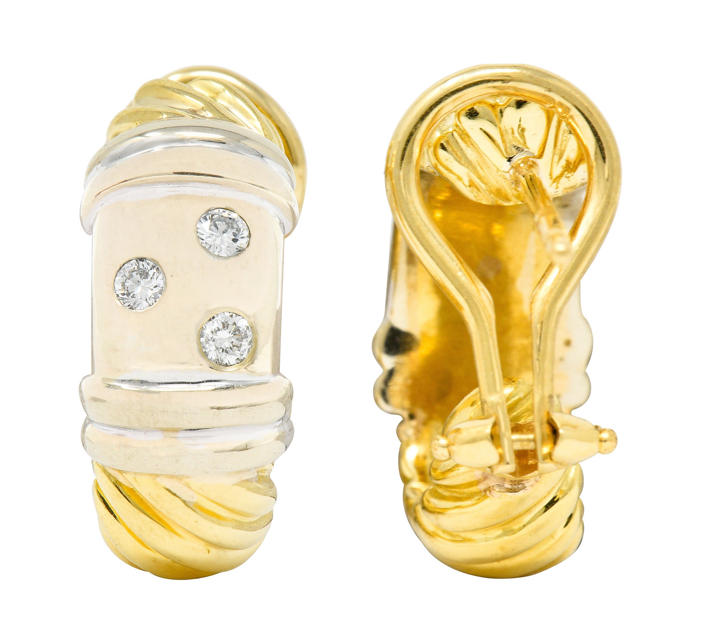 David Yurman Diamond 18 Karat Yellow And White Gold Metro J Hoop EarringsEarrings - Wilson's Estate Jewelry