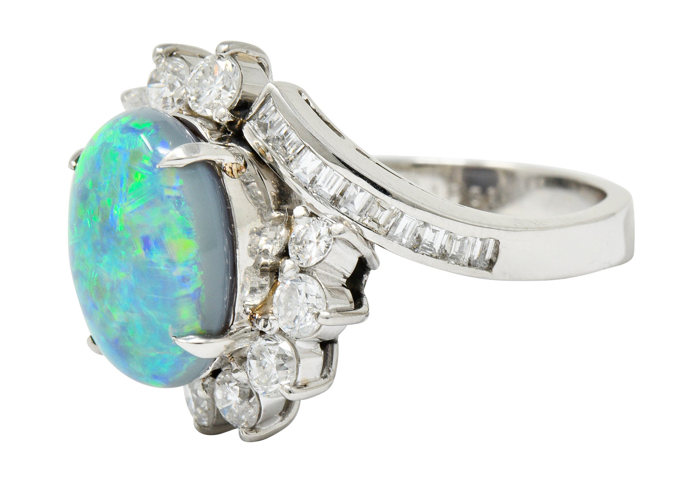Vibrant Opal Diamond Platinum Cluster Bypass RingRing - Wilson's Estate Jewelry
