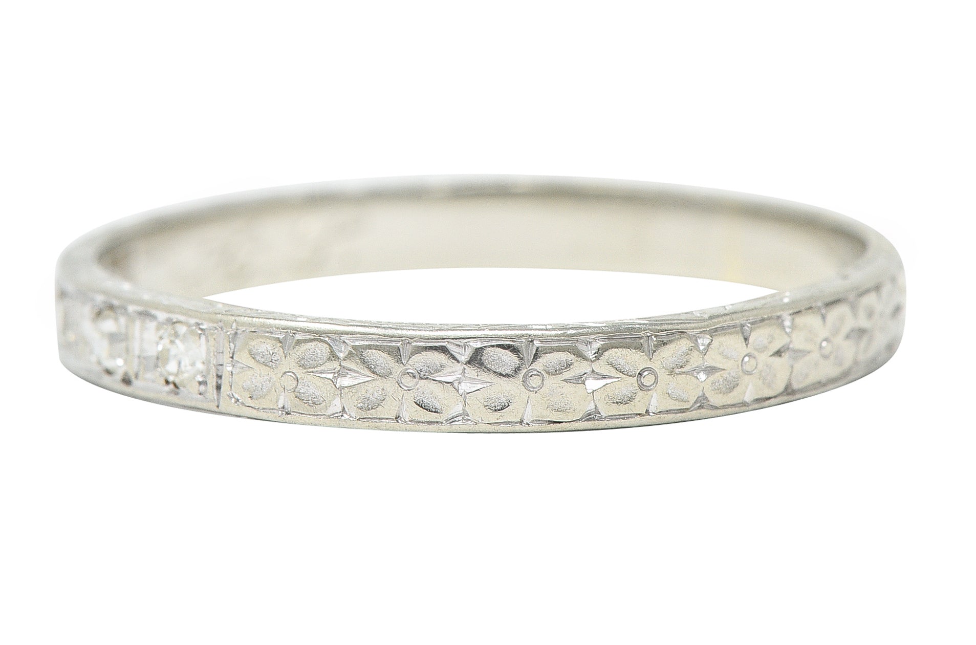 1920's Art Deco Single Cut Diamond 18 Karat White Gold Unisex Orange Blossom Band Ring Wilson's Estate Jewelry