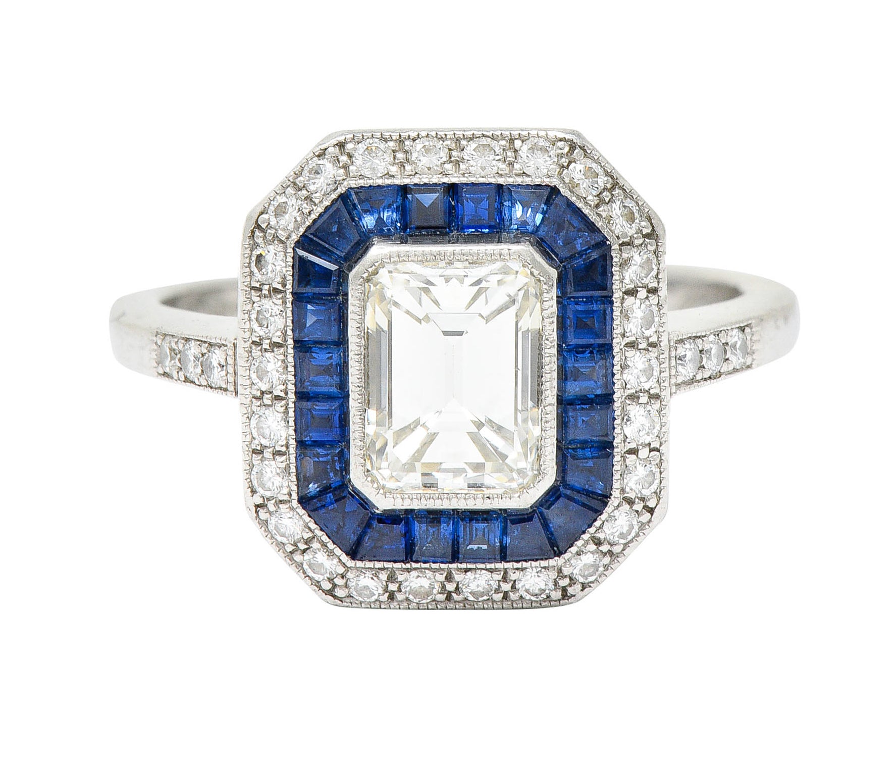 Vintage 2.20 CTW Emerald Cut Diamond Sapphire Platinum Halo Engagement RingRing - Wilson's Estate Jewelry