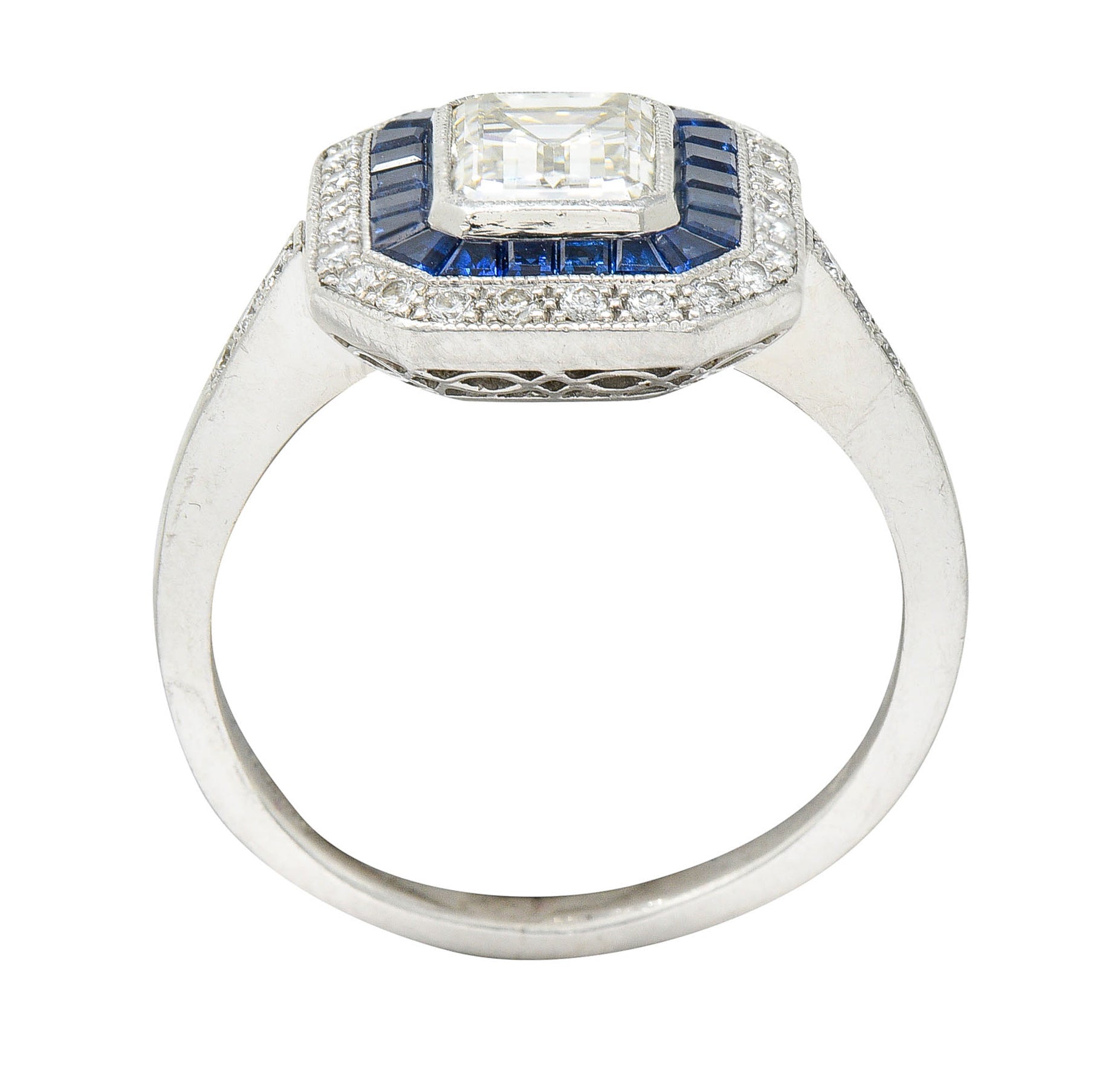 Vintage 2.20 CTW Emerald Cut Diamond Sapphire Platinum Halo Engagement RingRing - Wilson's Estate Jewelry