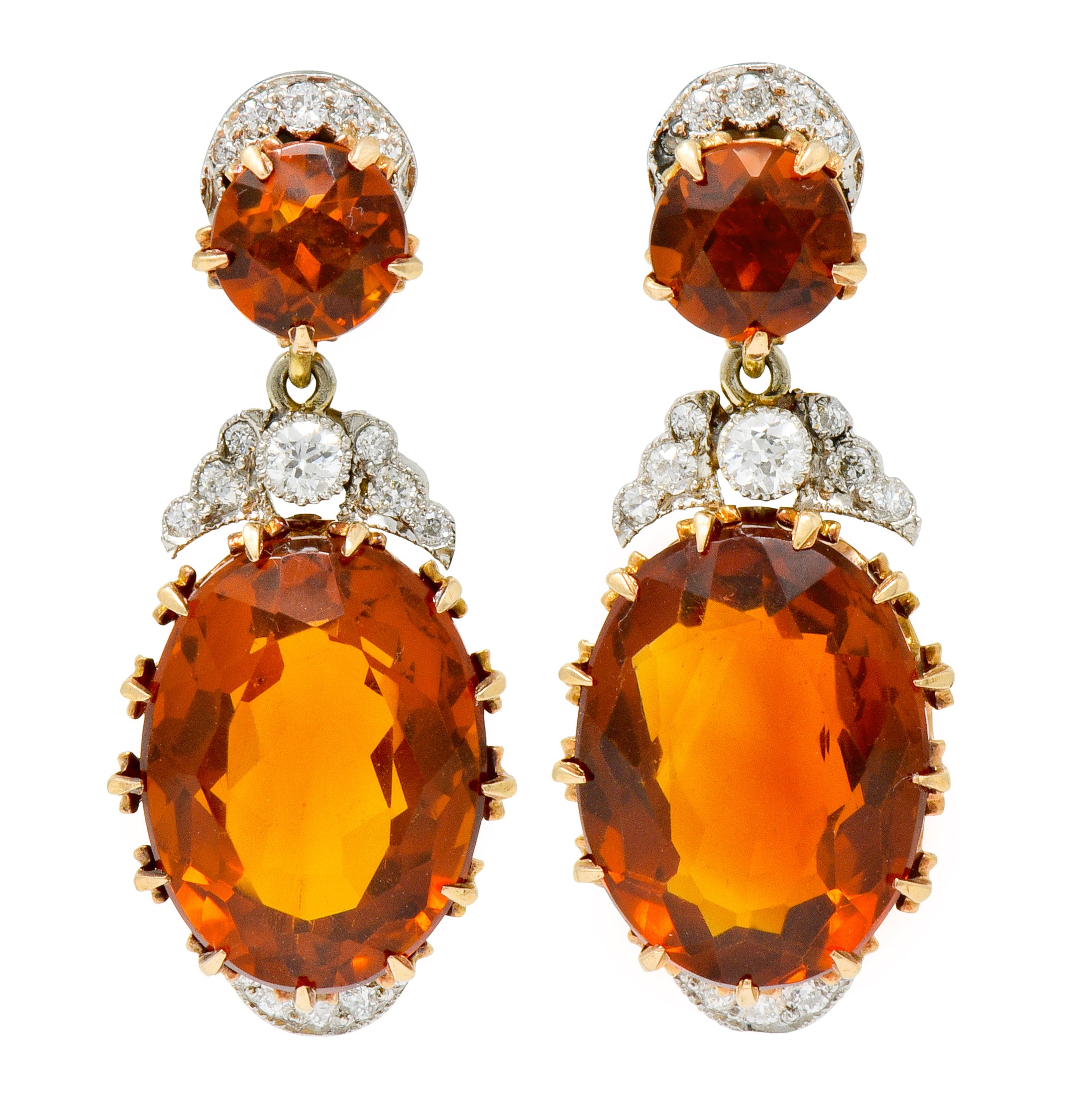 Edwardian 17.66 CTW Maderia Citrine Diamond Platinum 14 Karat Gold Drop Earrings - Wilson's Estate Jewelry