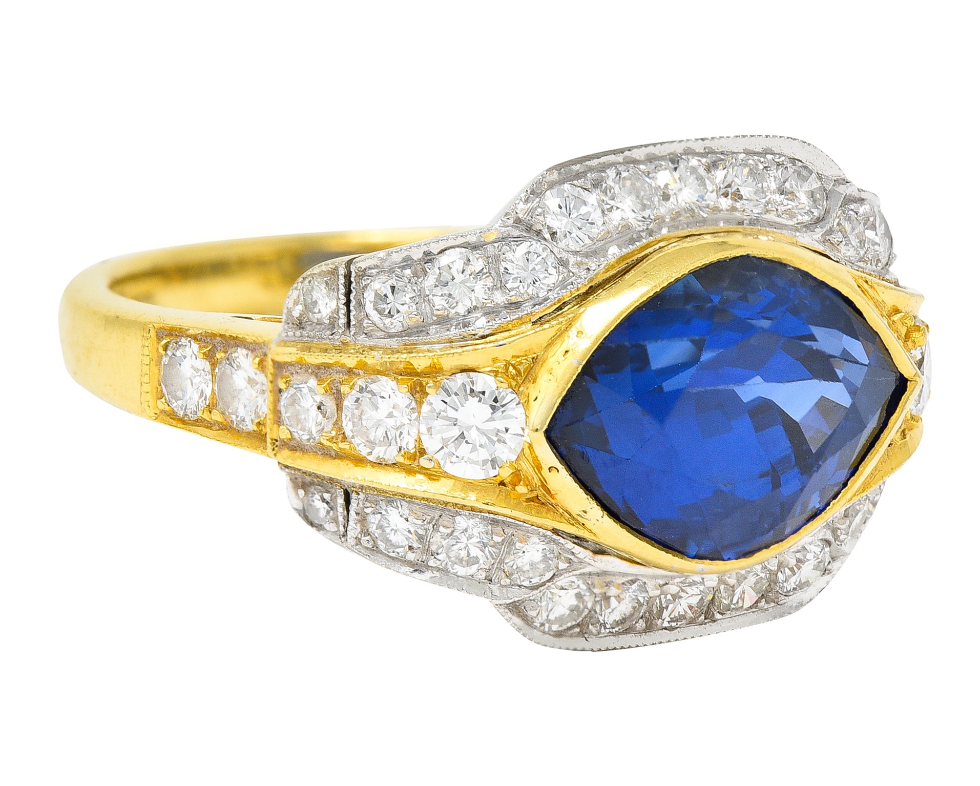 Vintage 5.71 CTW Ceylon Sapphire Diamond 18 Karat Two-Tone Gold Gemstone Ring Wilson's Estate Jewelry