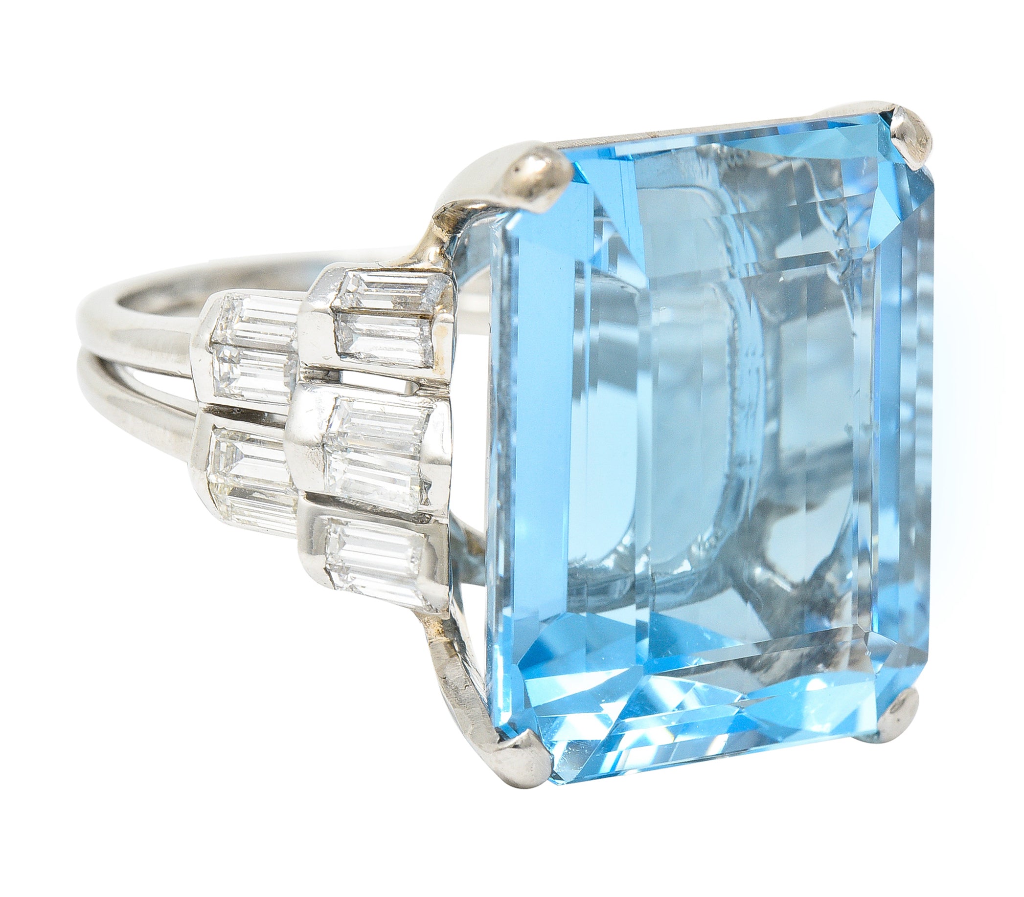 Mid-Century 25.76 CTW Emerald Cut Aquamarine Baguette Cut Diamond Platinum Stepped Chevron Antique Cocktail Ring Wilson's Estate Jewelry