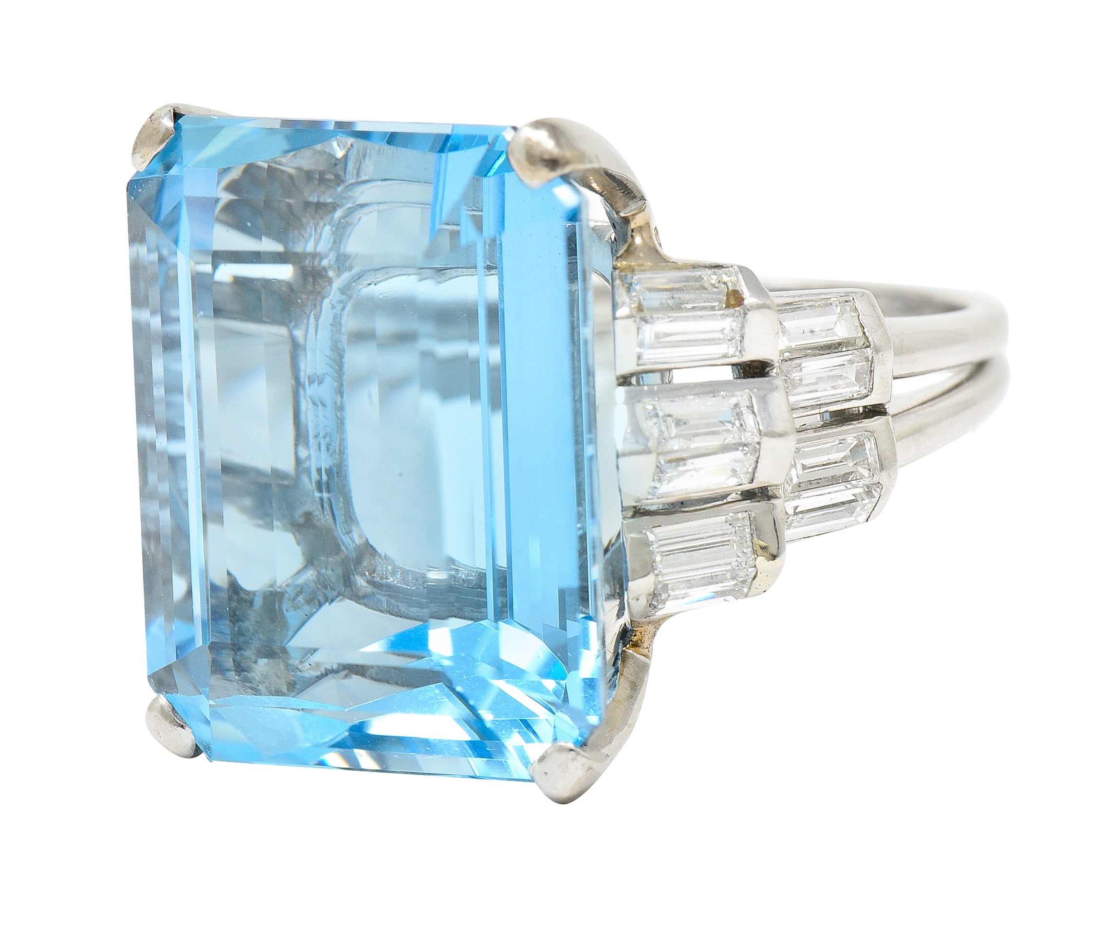 Mid-Century 25.76 CTW Emerald Cut Aquamarine Baguette Cut Diamond Platinum Stepped Chevron Antique Cocktail Ring Wilson's Estate Jewelry