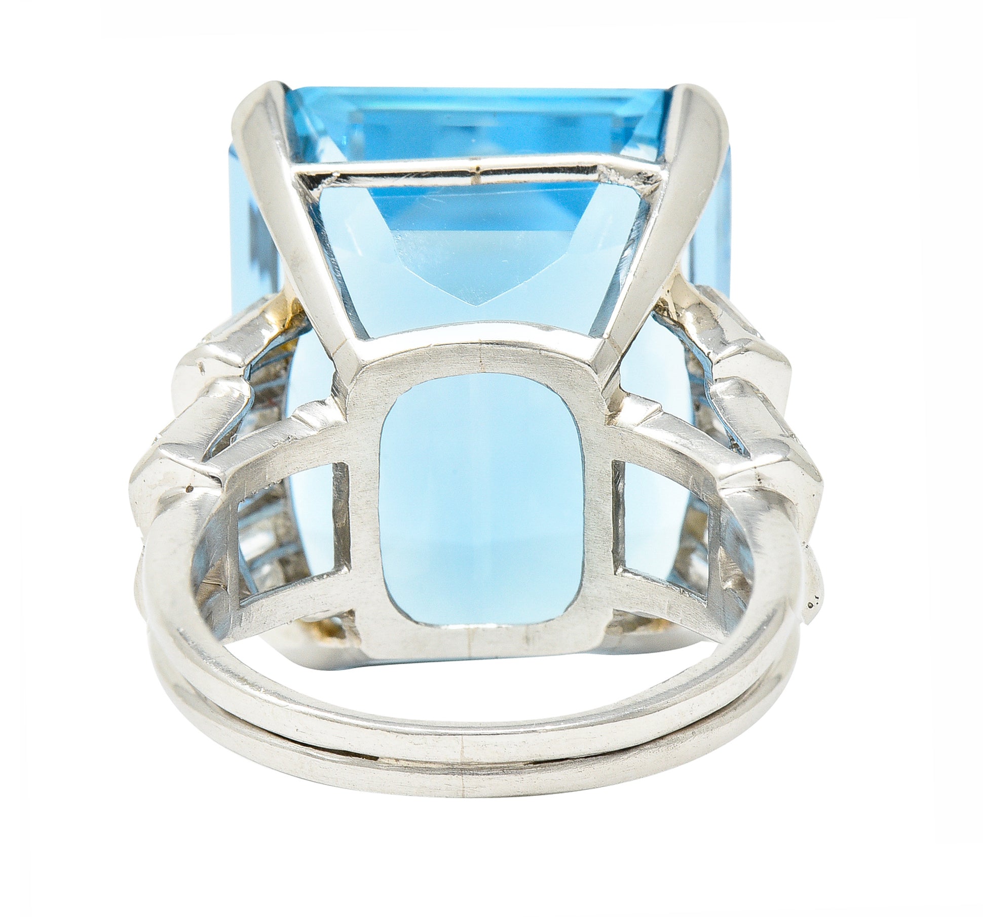 Mid-Century 25.76 CTW Emerald Cut Aquamarine Baguette Cut Diamond Platinum Stepped Chevron Antique Cocktail Ring Wilson's Estate Jewelry