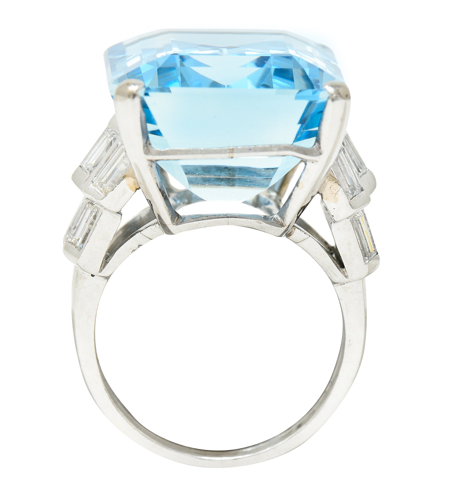 Mid-Century 25.76 CTW Emerald Cut Aquamarine Baguette Cut Diamond Platinum Stepped Chevron Antique Cocktail Ring Wilson's Estate Jewelry