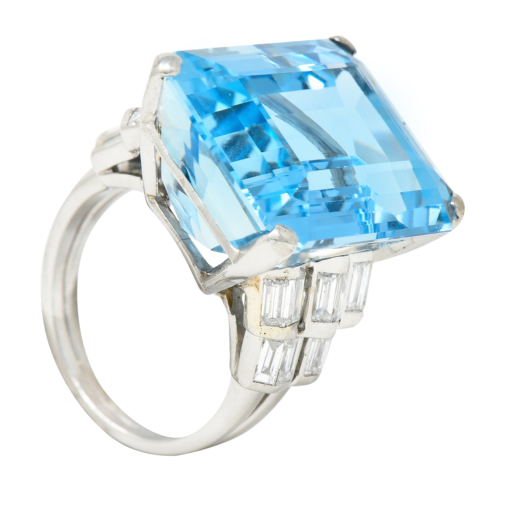 Mid-Century 25.76 CTW Emerald Cut Aquamarine Baguette Cut Diamond Platinum Stepped Chevron Antique Cocktail Ring Wilson's Estate Jewelry