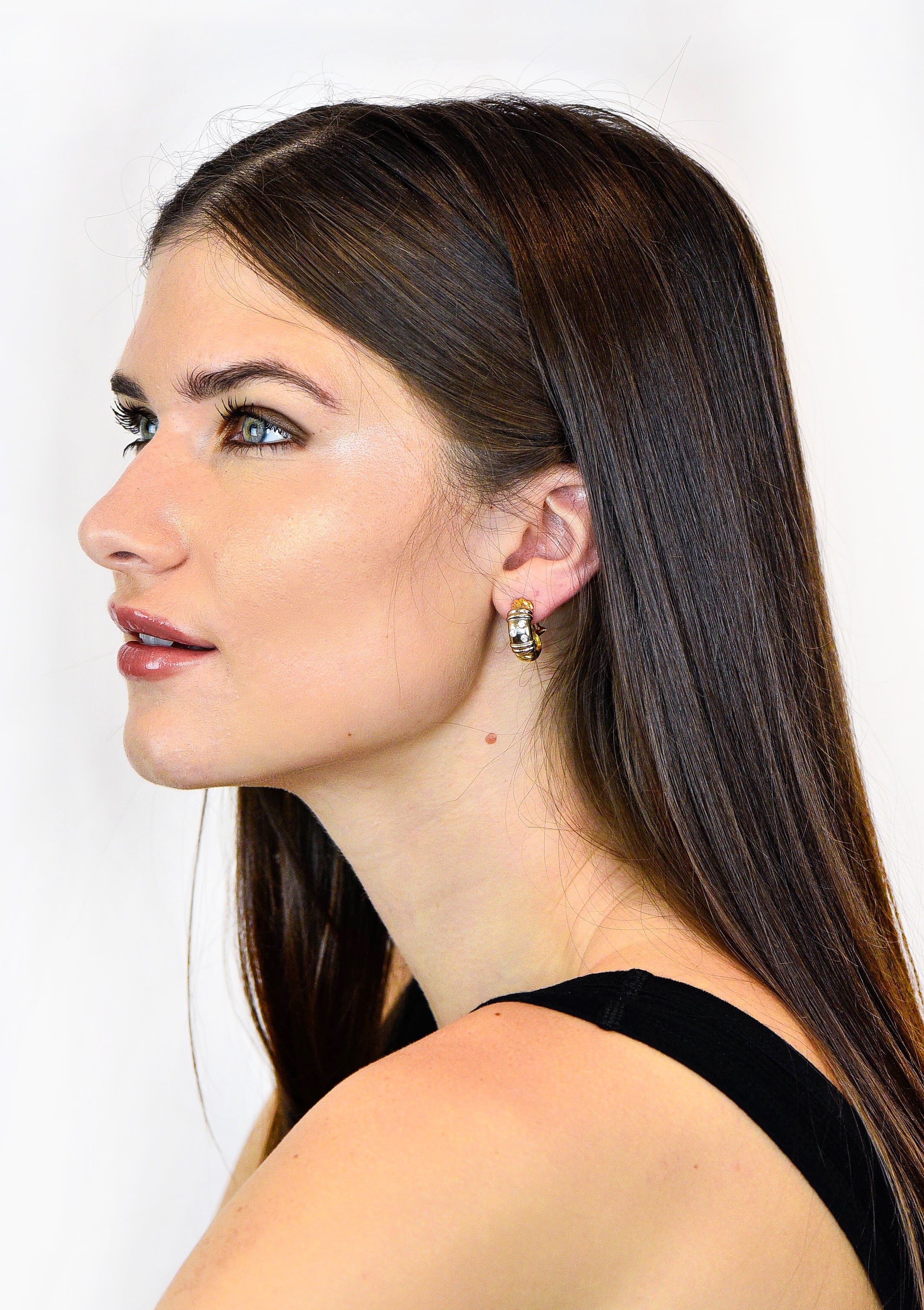 David Yurman Diamond 18 Karat Yellow And White Gold Metro J Hoop EarringsEarrings - Wilson's Estate Jewelry
