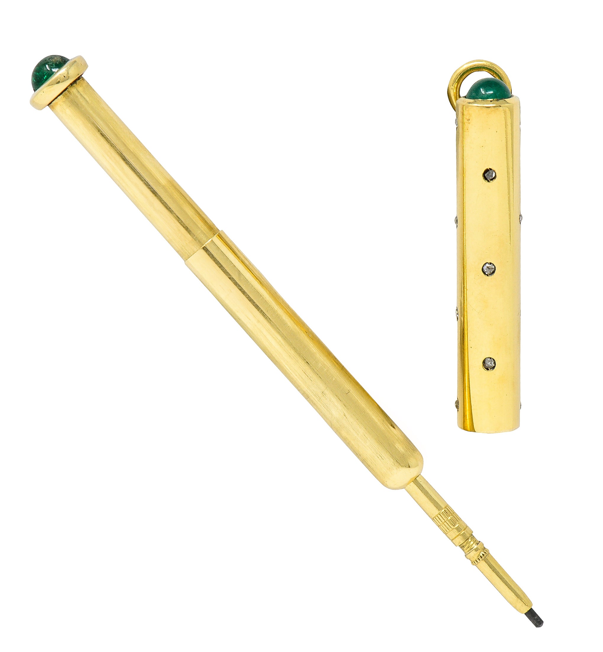 French Victorian Antique 1.15 CTW Emerald Diamond 18 Karat Yellow Gold Mechanical Pencil Chatelaine Pendant Charm Wilson's Estate Jewelry