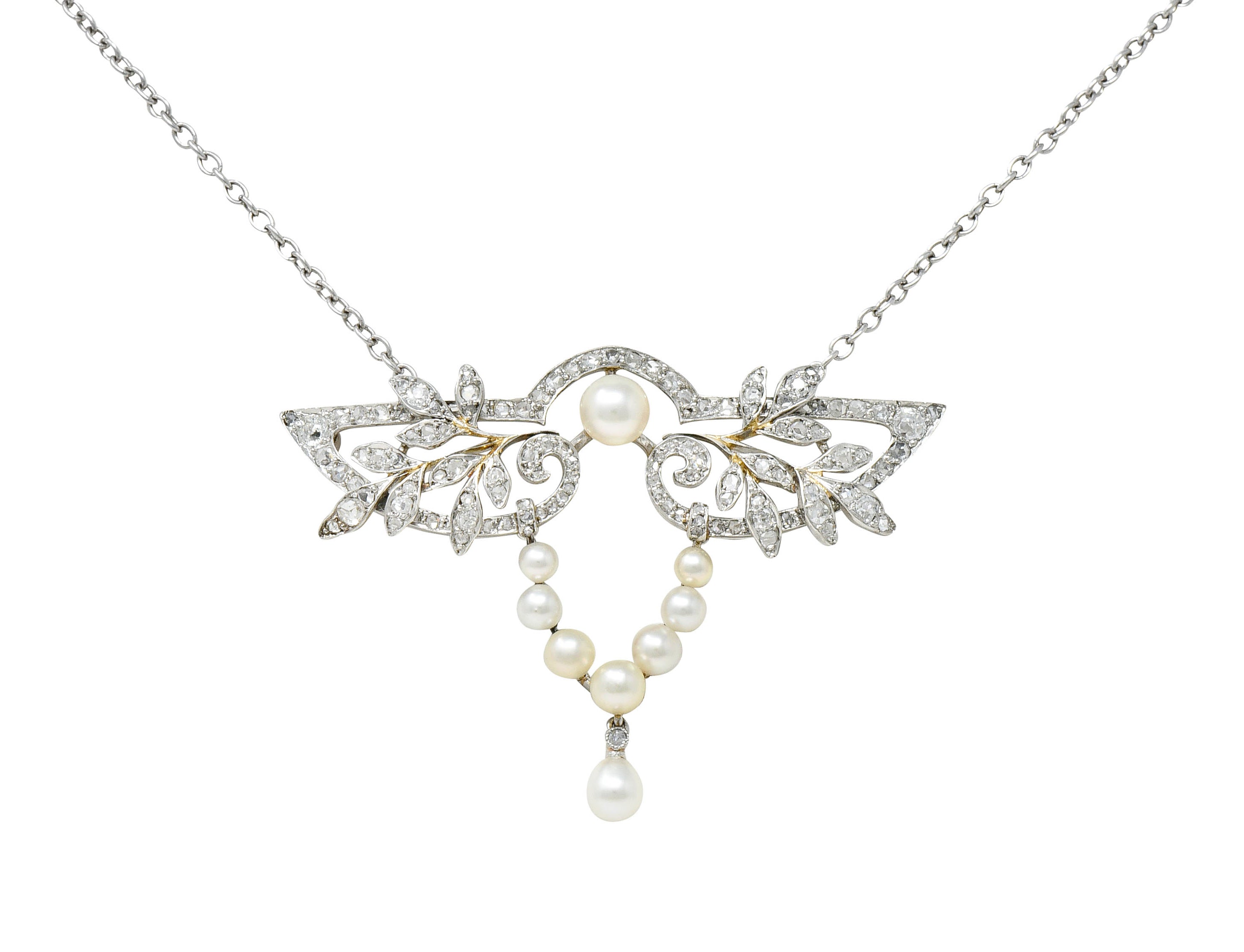 Edwardian Pearl Rose Cut Diamond Platinum Laurel Station NecklaceNecklace - Wilson's Estate Jewelry