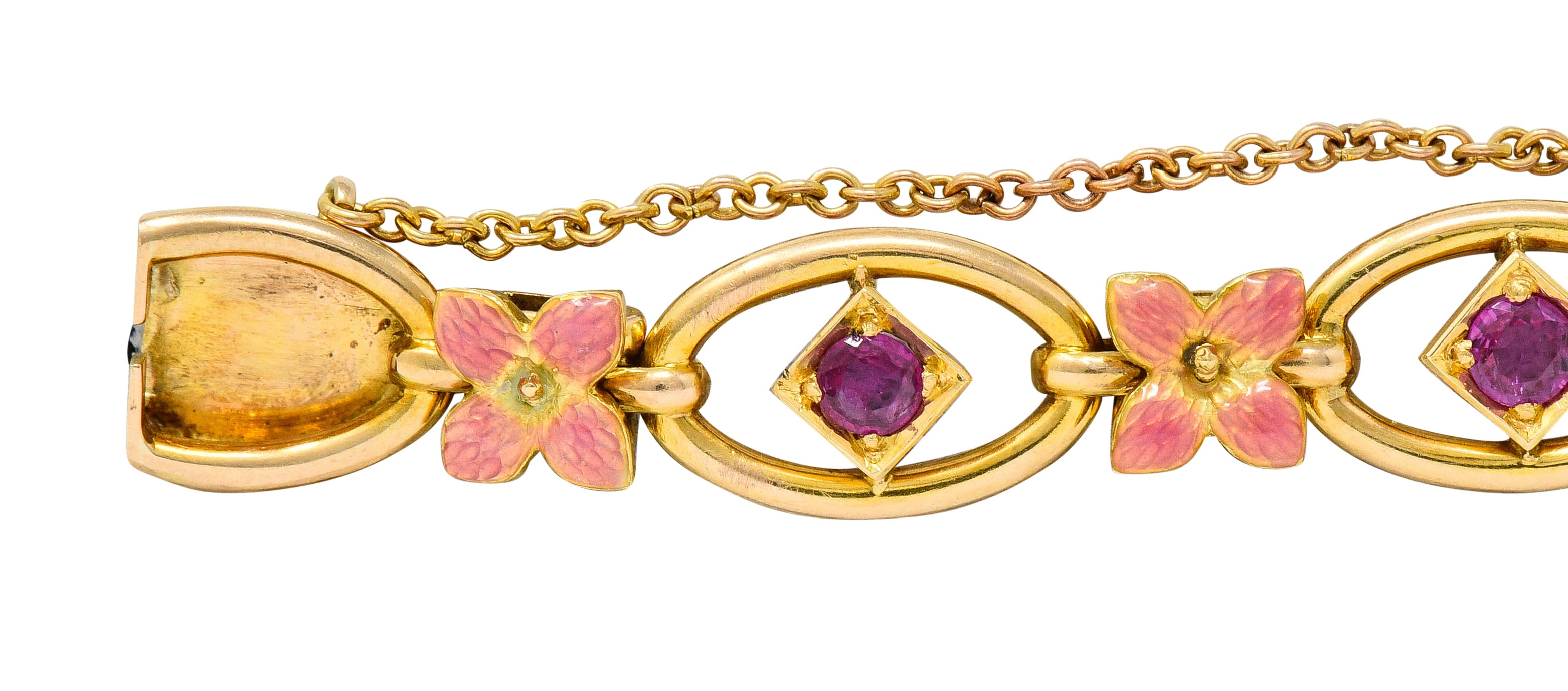 Art Nouveau Ruby Enamel 18 Karat Gold Flower Link Braceletbracelet - Wilson's Estate Jewelry