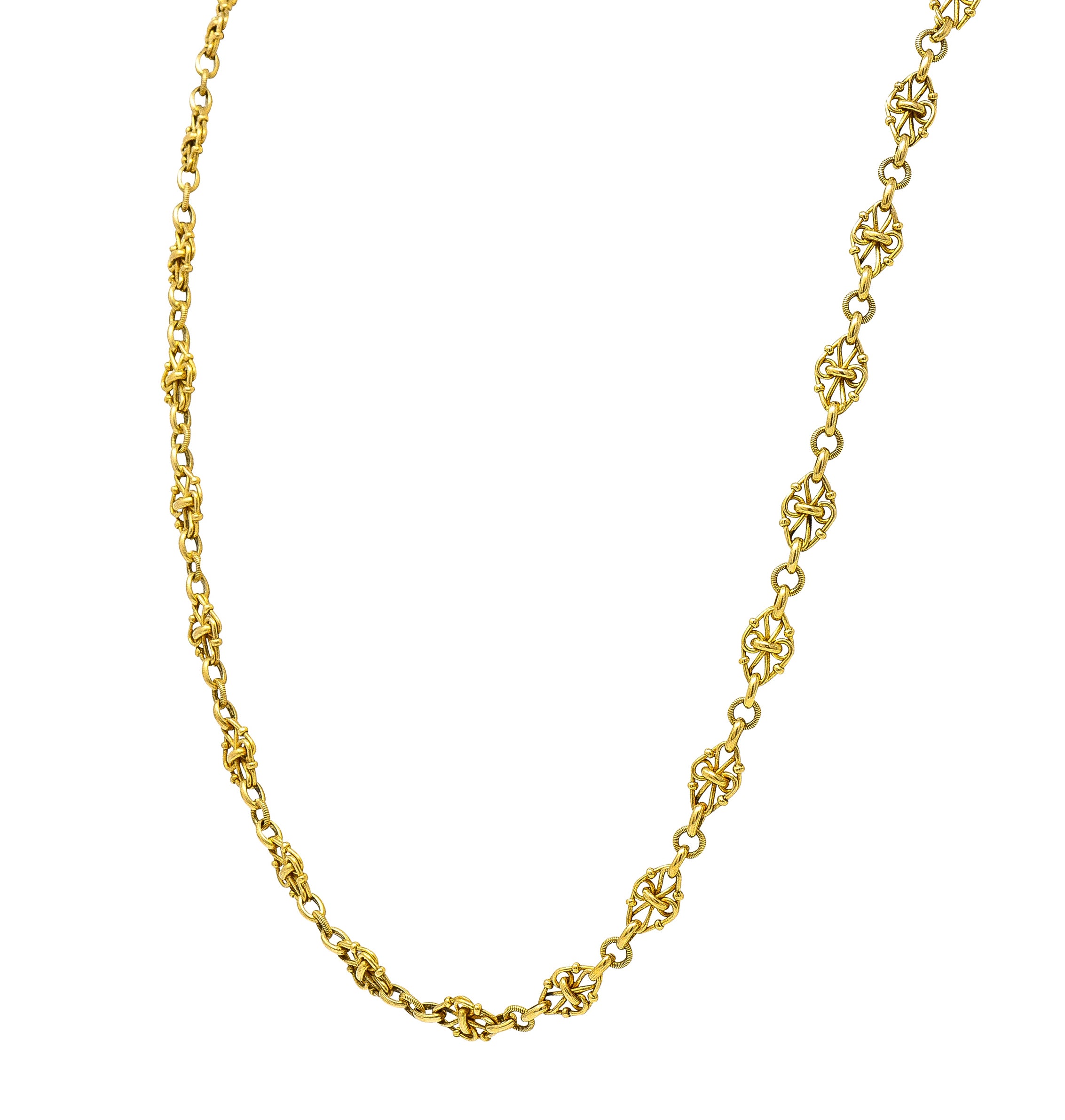 1800's Victorian 18 Karat Yellow Gold 35 1/2 Inch Long Quatrefoil Antique Chain Necklace Wilson's Estate Jewelry
