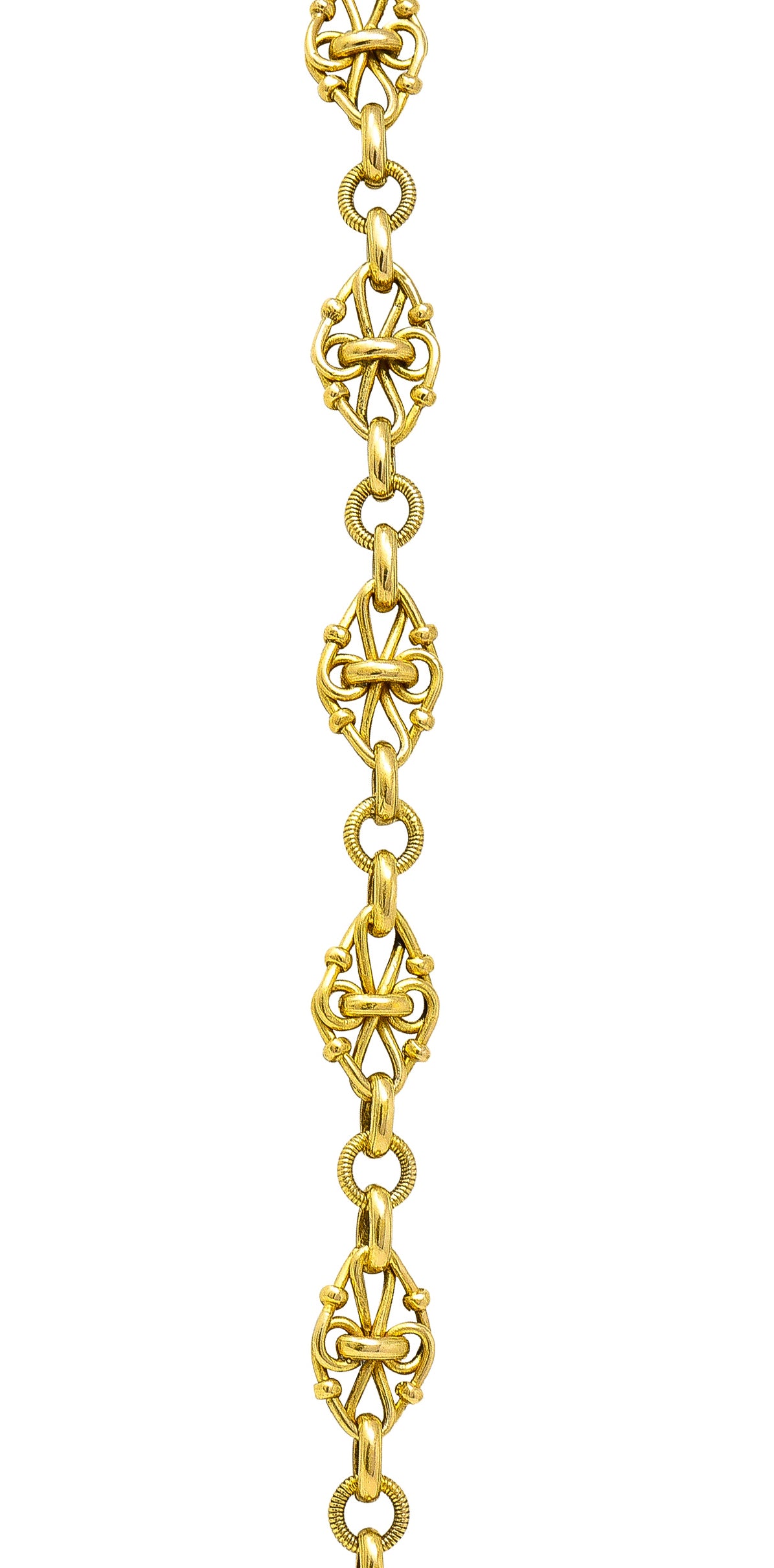 1800's Victorian 18 Karat Yellow Gold 35 1/2 Inch Long Quatrefoil Antique Chain Necklace Wilson's Estate Jewelry