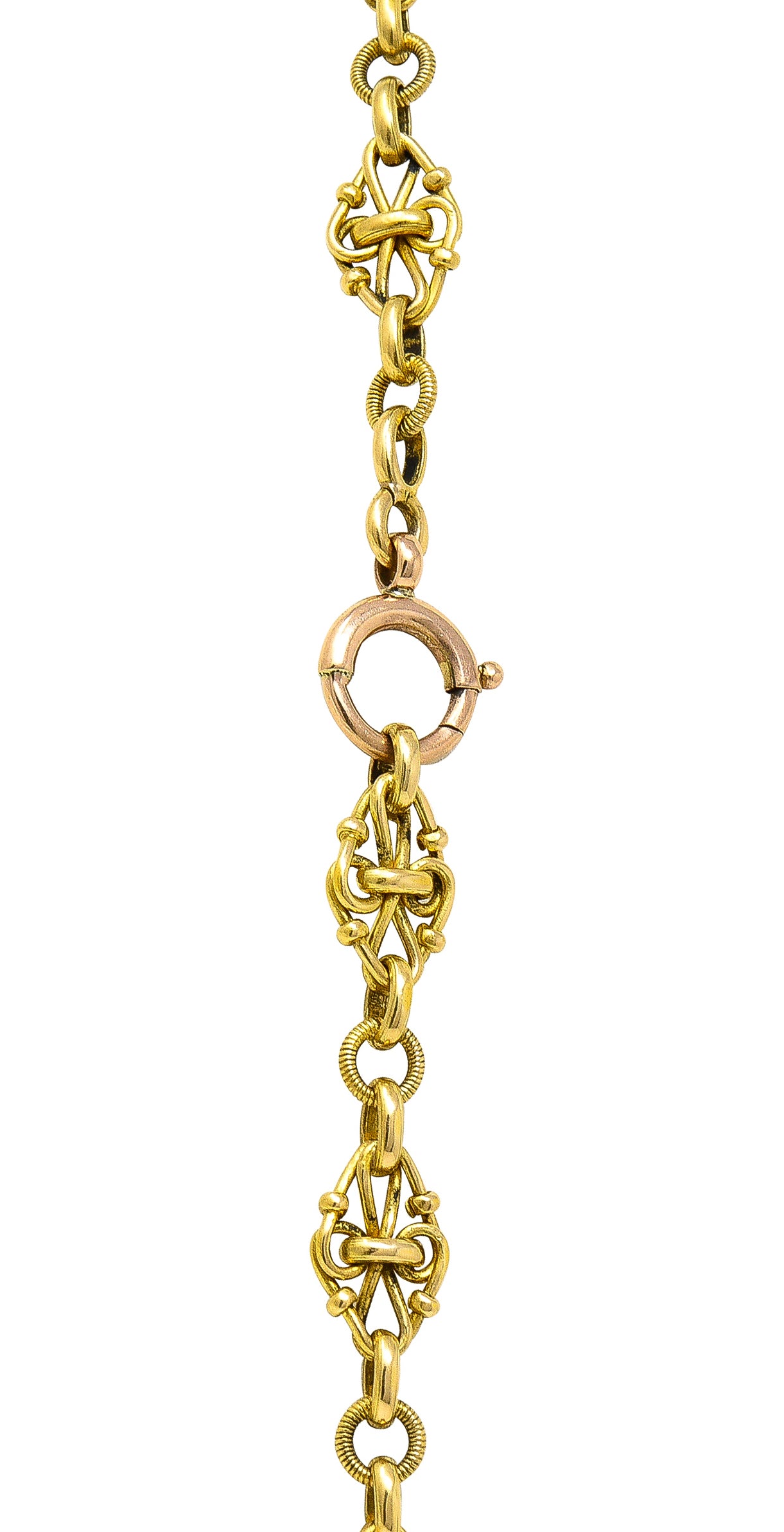 1800's Victorian 18 Karat Yellow Gold 35 1/2 Inch Long Quatrefoil Antique Chain Necklace Wilson's Estate Jewelry