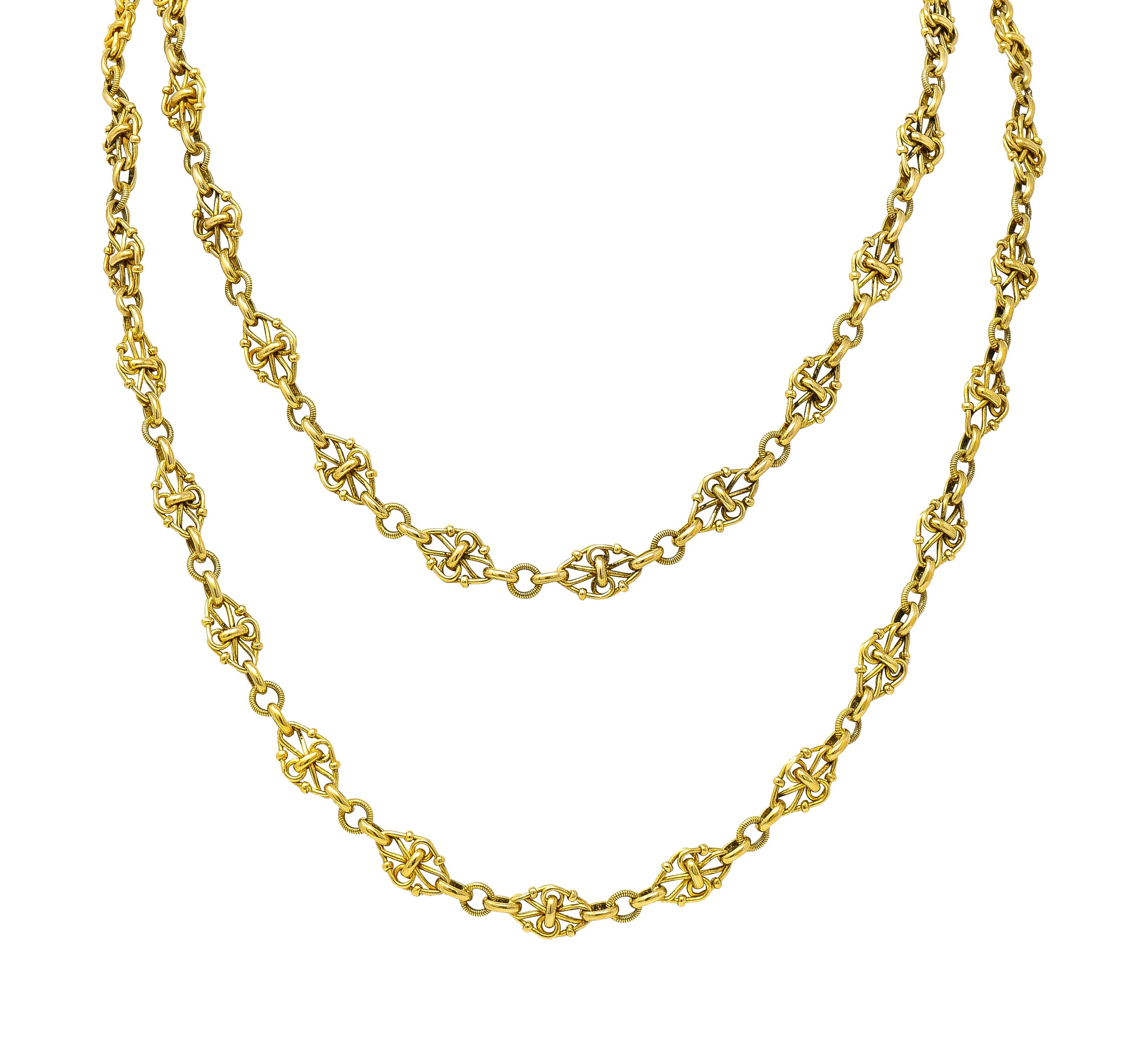1800's Victorian 18 Karat Yellow Gold 35 1/2 Inch Long Quatrefoil Antique Chain Necklace Wilson's Estate Jewelry
