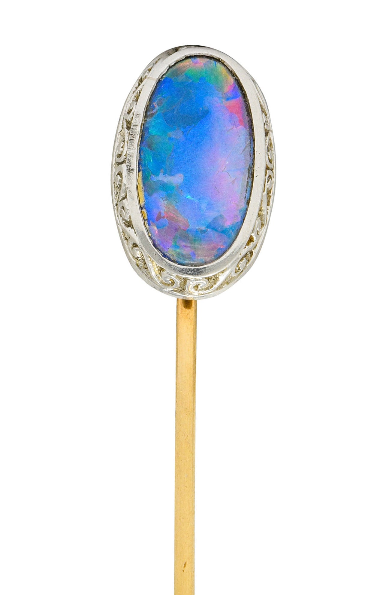 Edwardian Black Opal Platinum 14 Karat Gold Scrolled Stickpin - Wilson's Estate Jewelry