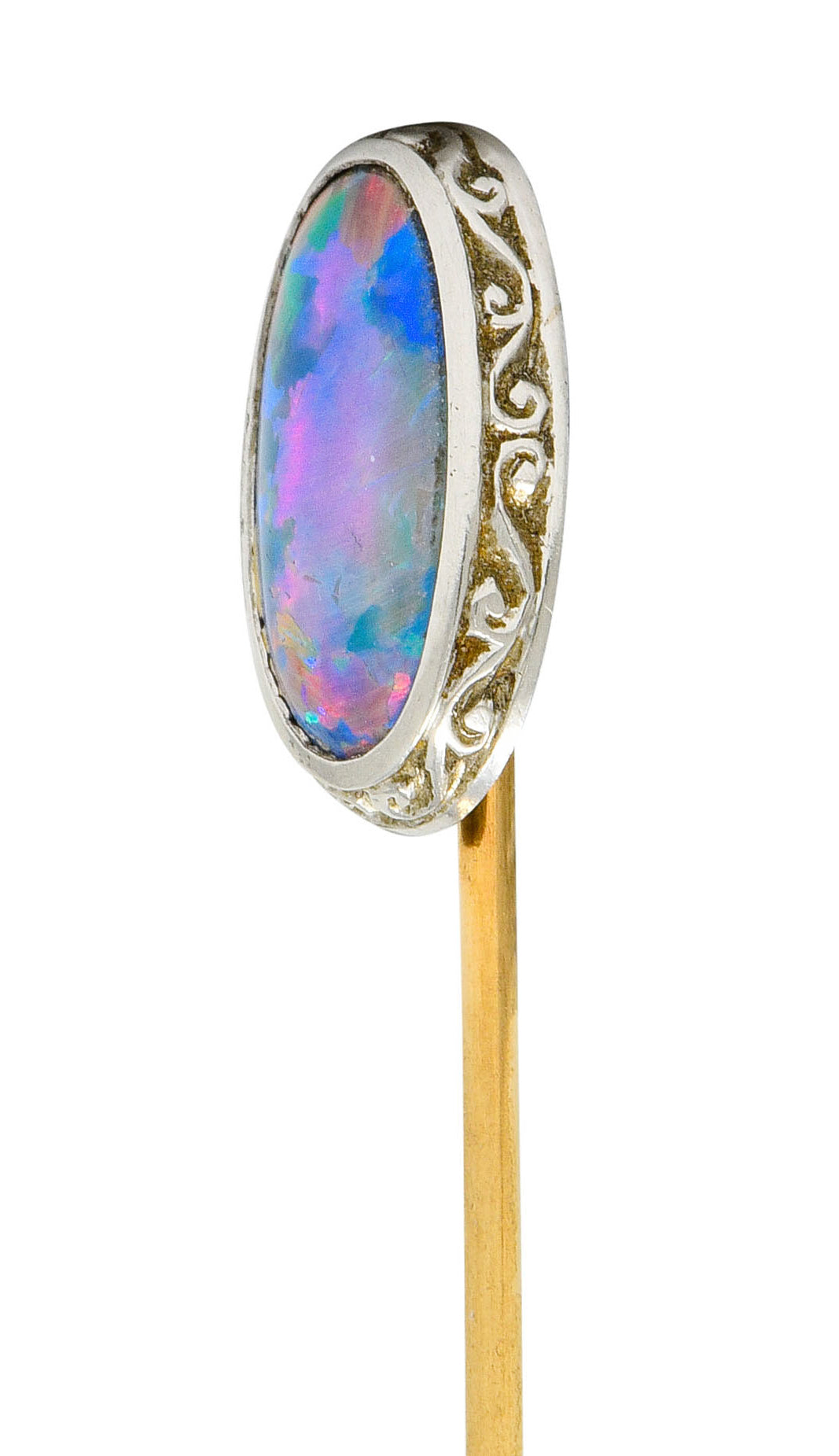 Edwardian Black Opal Platinum 14 Karat Gold Scrolled Stickpin - Wilson's Estate Jewelry