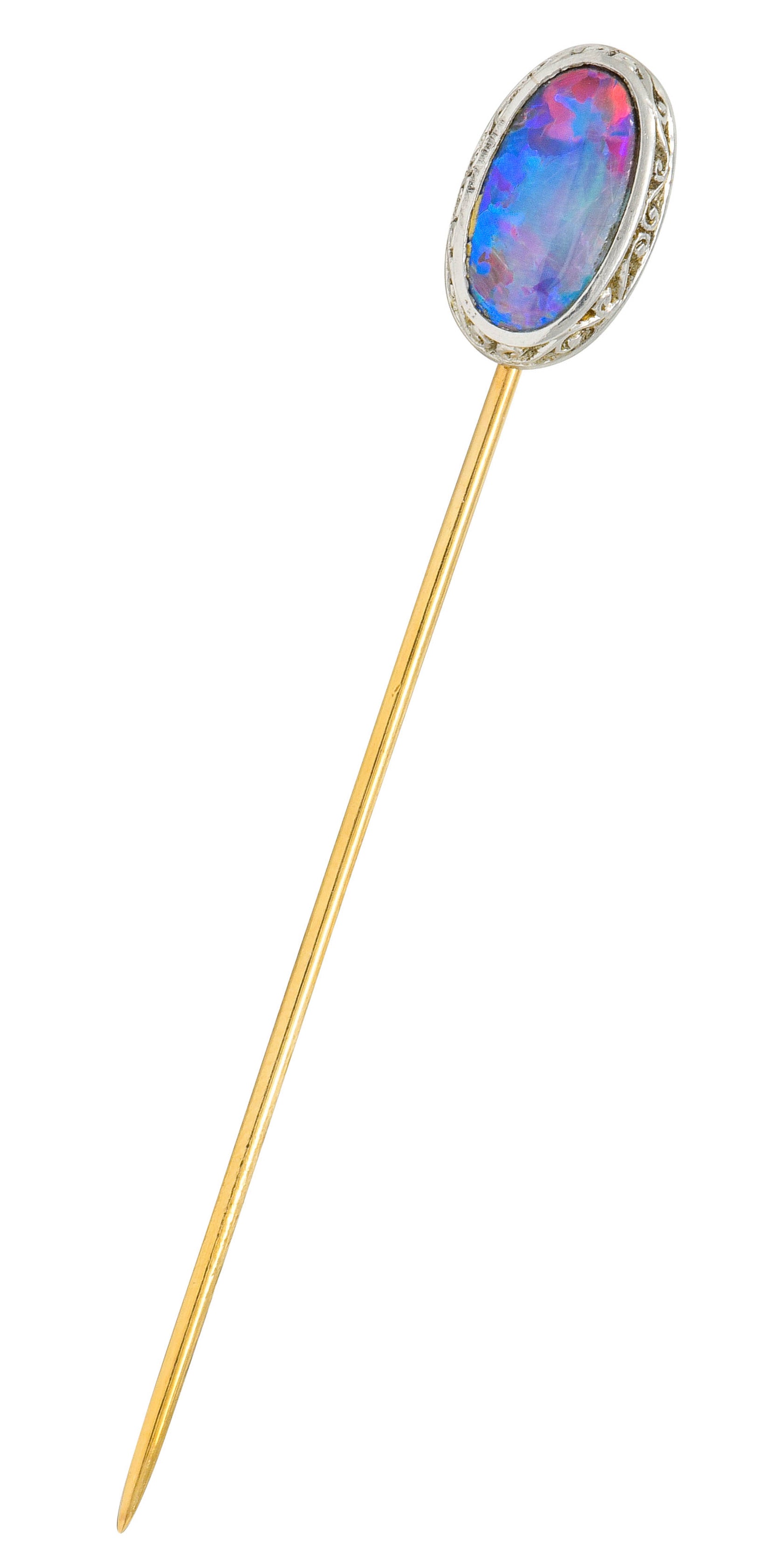 Edwardian Black Opal Platinum 14 Karat Gold Scrolled Stickpin - Wilson's Estate Jewelry