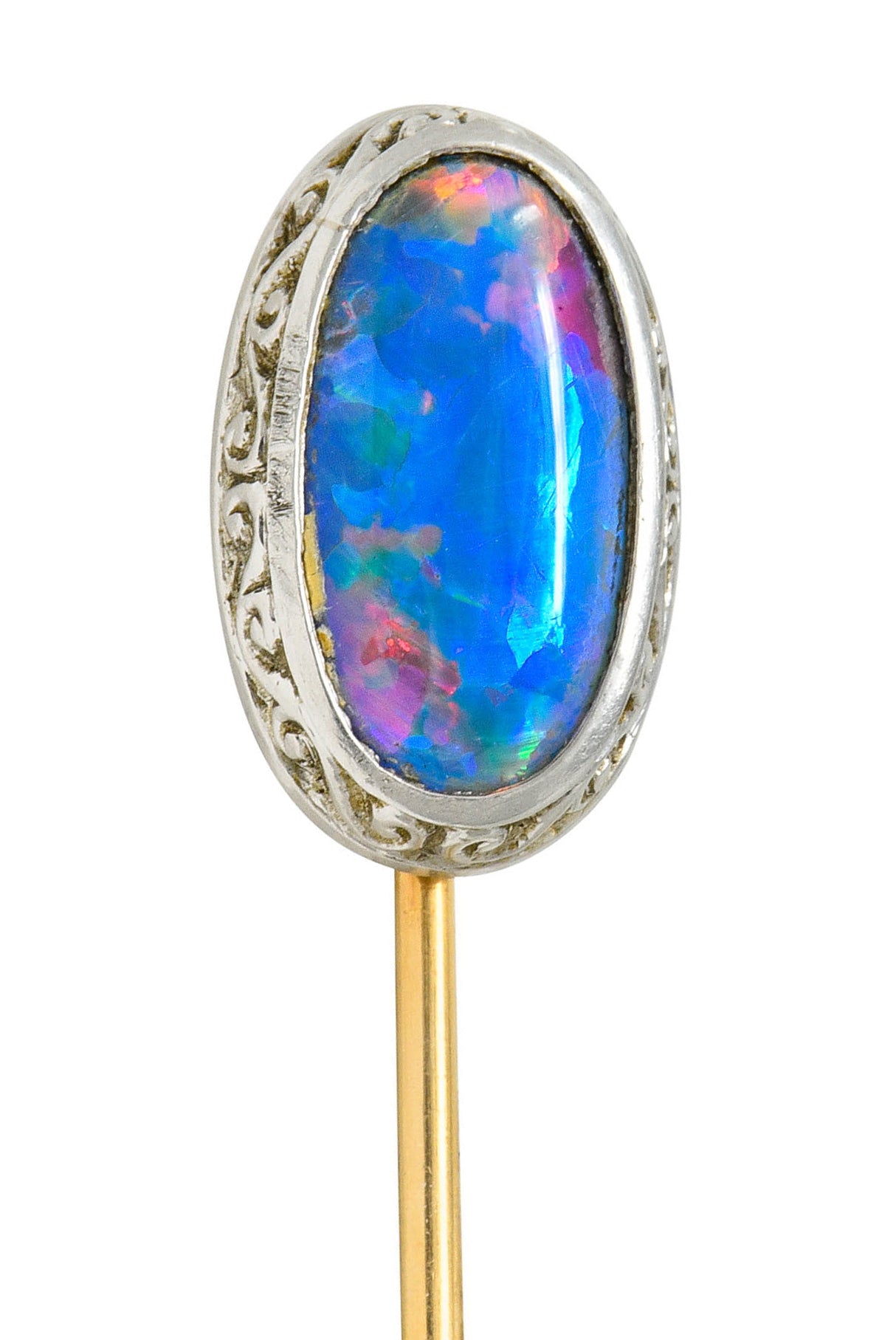 Edwardian Black Opal Platinum 14 Karat Gold Scrolled Stickpin - Wilson's Estate Jewelry