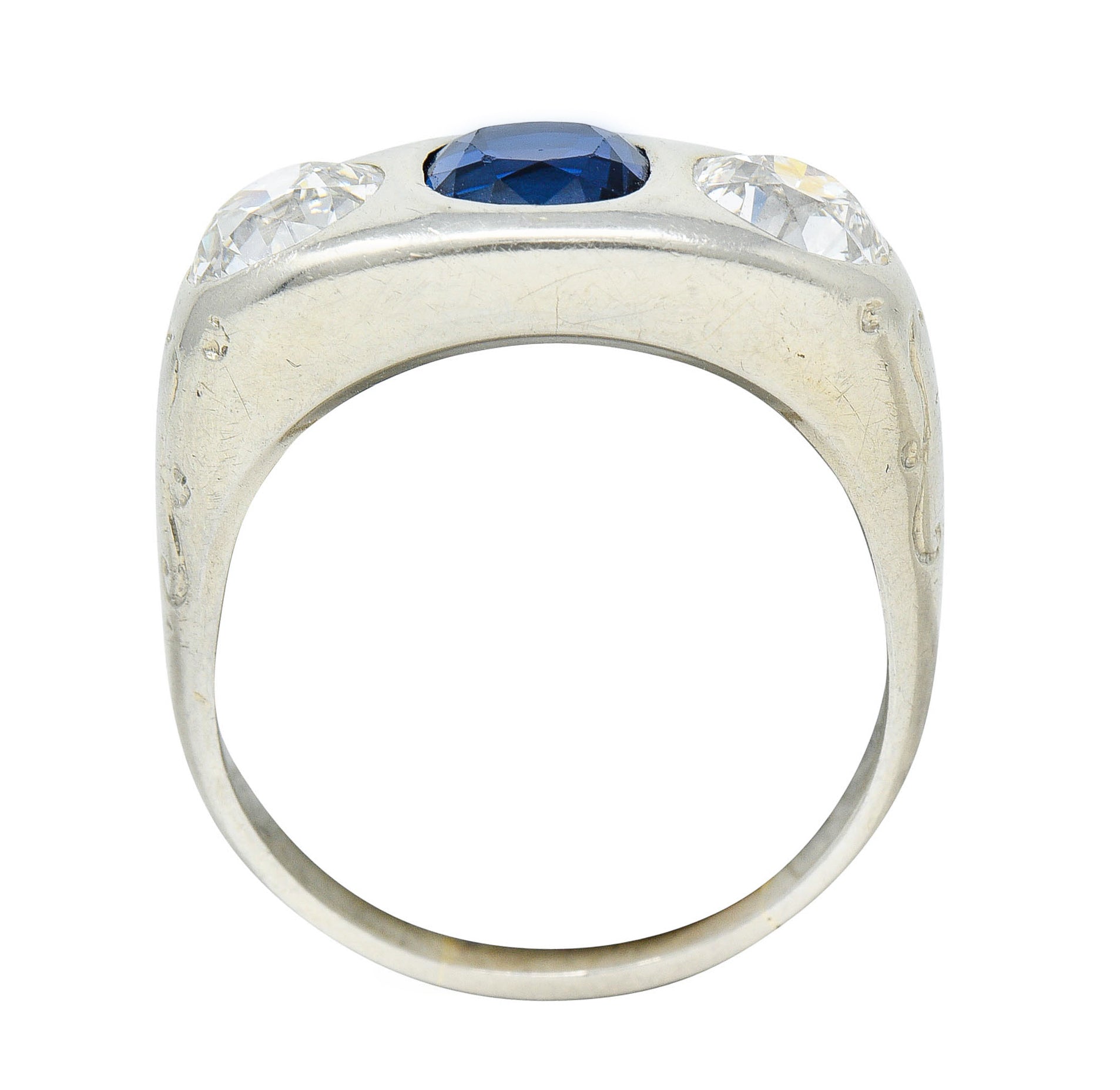 Retro 3.05 CTW No Heat Sapphire Diamond 18 Karat White Gold Gypsy Unisex Ring GIARing - Wilson's Estate Jewelry