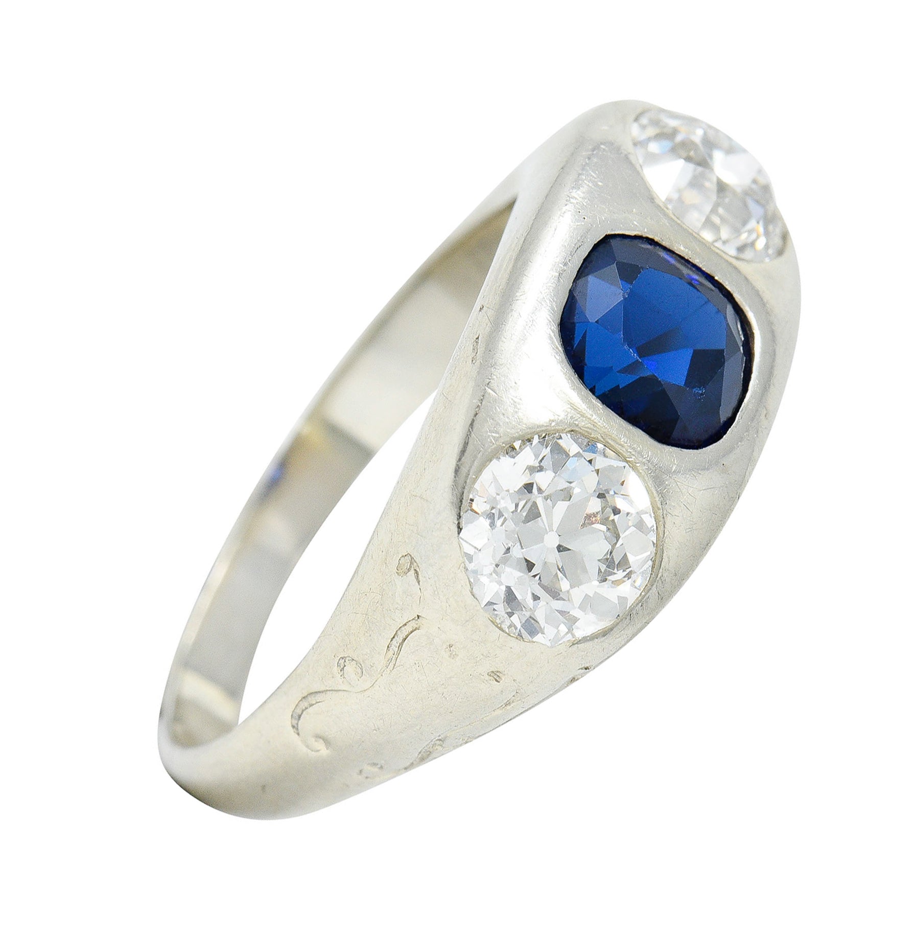 Retro 3.05 CTW No Heat Sapphire Diamond 18 Karat White Gold Gypsy Unisex Ring GIARing - Wilson's Estate Jewelry