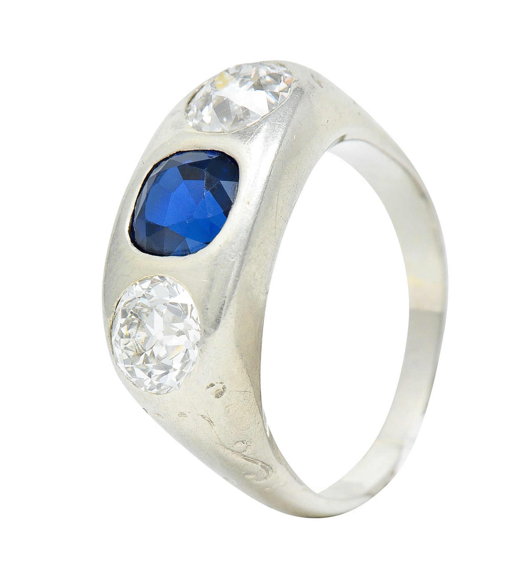 Retro 3.05 CTW No Heat Sapphire Diamond 18 Karat White Gold Gypsy Unisex Ring GIARing - Wilson's Estate Jewelry