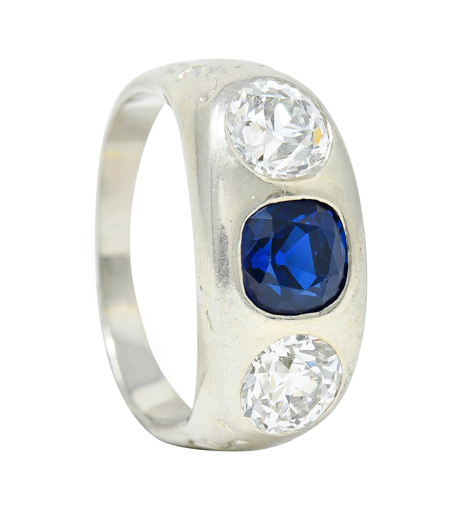 Retro 3.05 CTW No Heat Sapphire Diamond 18 Karat White Gold Gypsy Unisex Ring GIARing - Wilson's Estate Jewelry