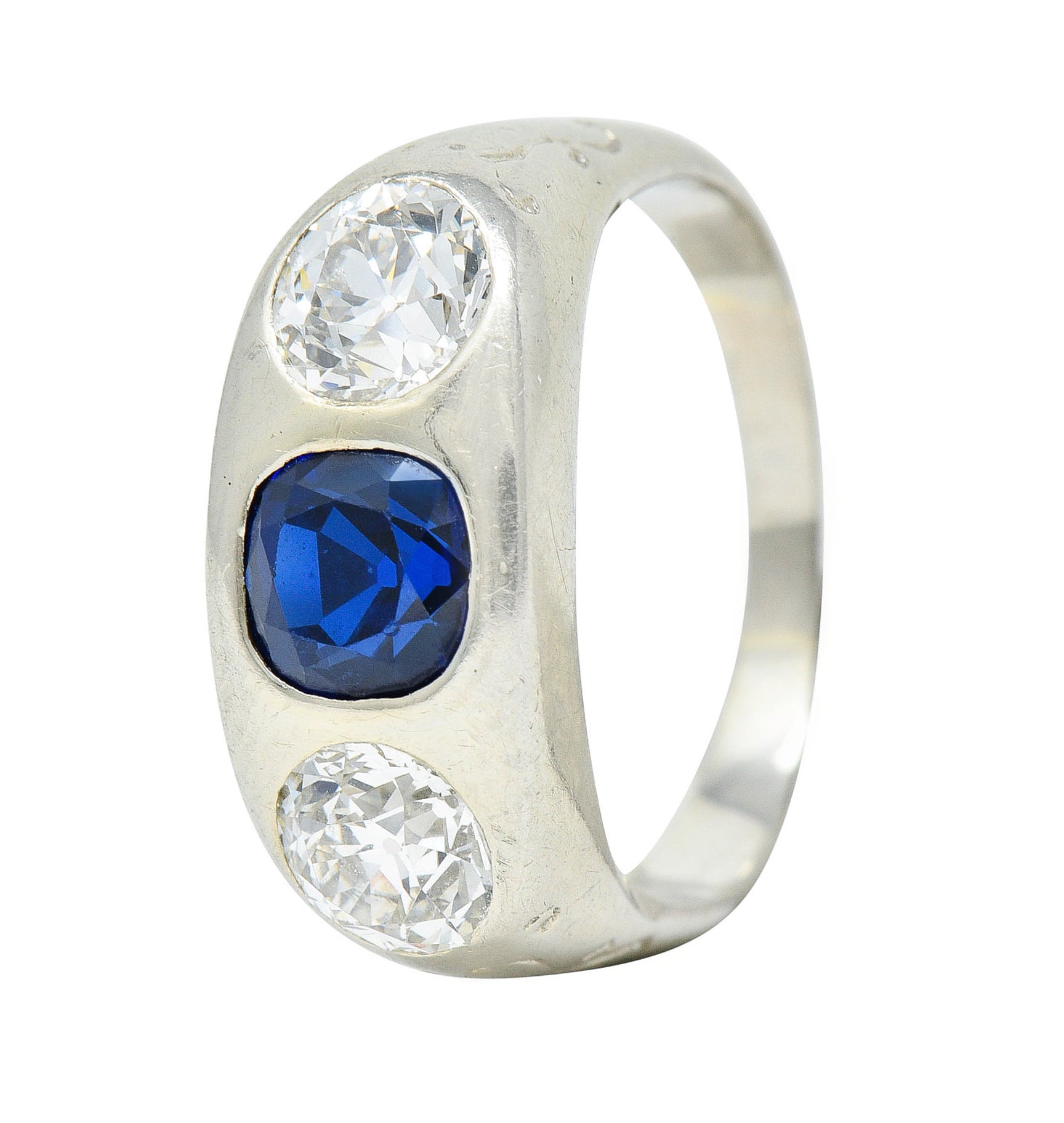 Retro 3.05 CTW No Heat Sapphire Diamond 18 Karat White Gold Gypsy Unisex Ring GIARing - Wilson's Estate Jewelry