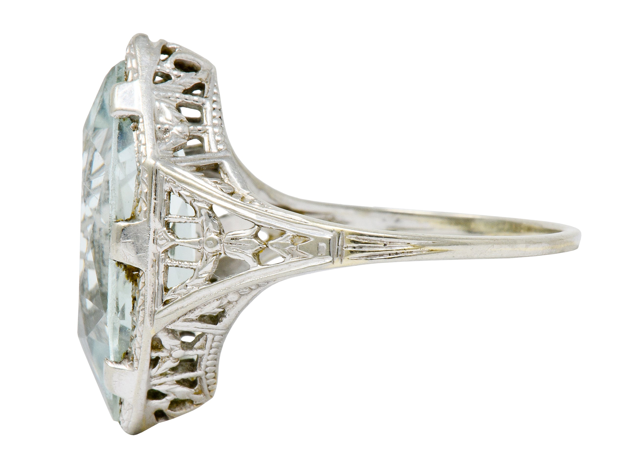 Art Deco Aquamarine 18 Karat White Gold Navette Dinner Ring - Wilson's Estate Jewelry