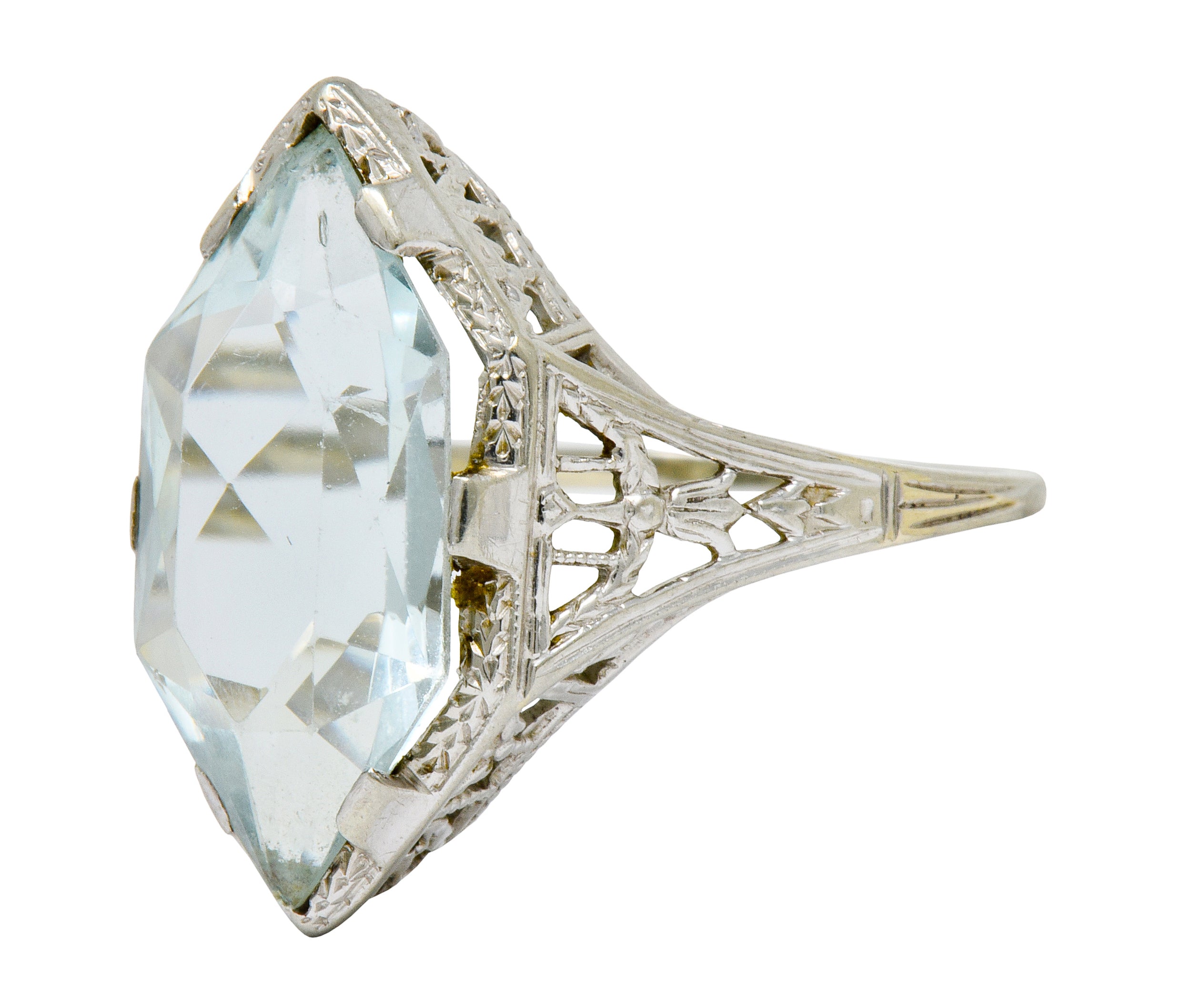 Art Deco Aquamarine 18 Karat White Gold Navette Dinner Ring - Wilson's Estate Jewelry