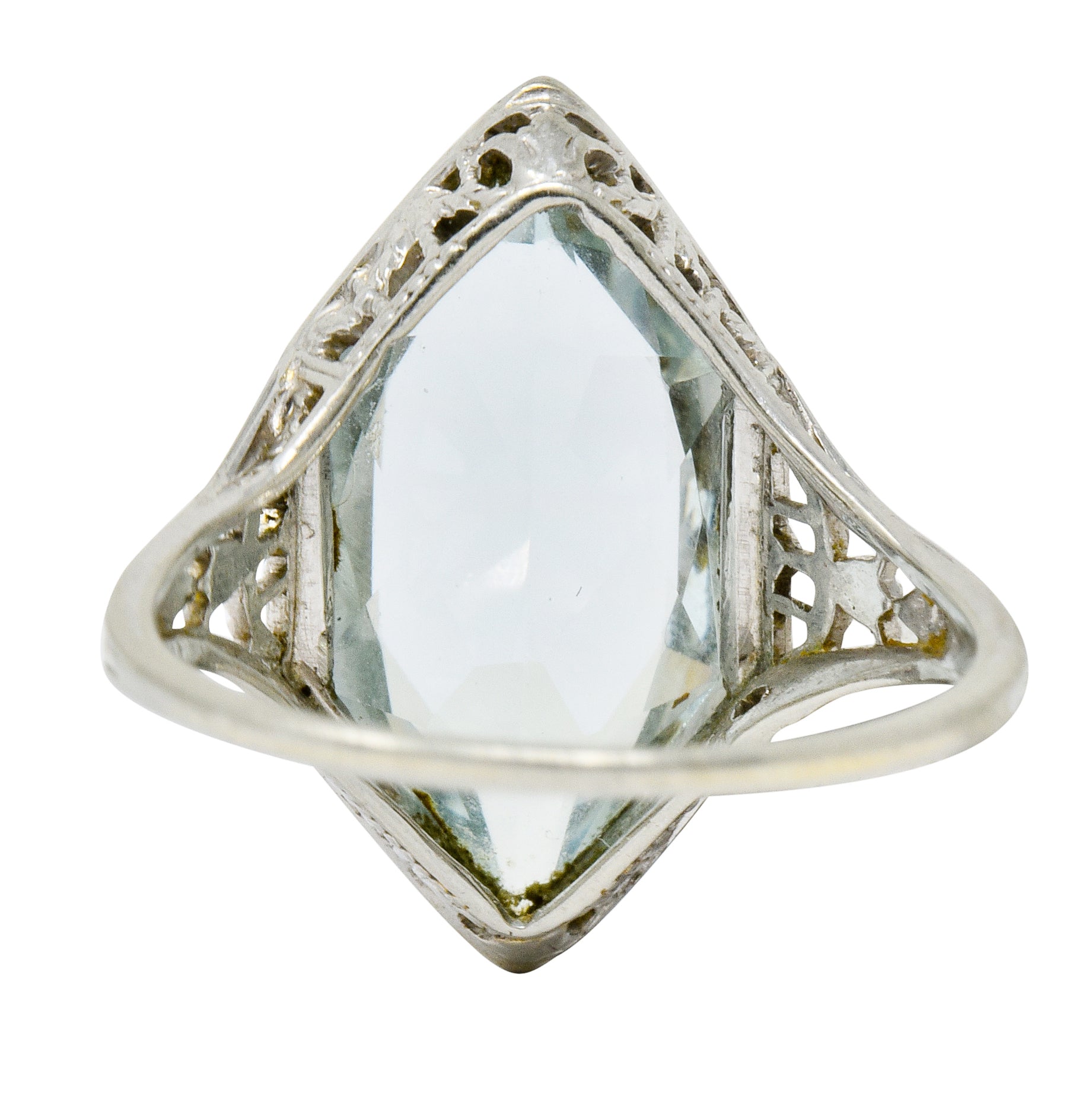 Art Deco Aquamarine 18 Karat White Gold Navette Dinner Ring - Wilson's Estate Jewelry