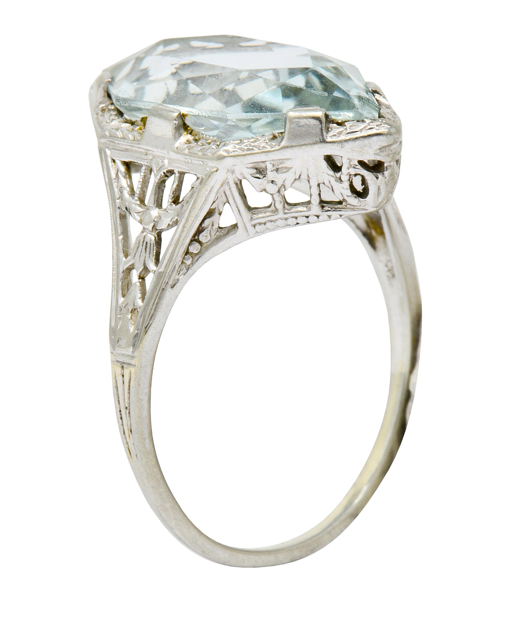 Art Deco Aquamarine 18 Karat White Gold Navette Dinner Ring - Wilson's Estate Jewelry