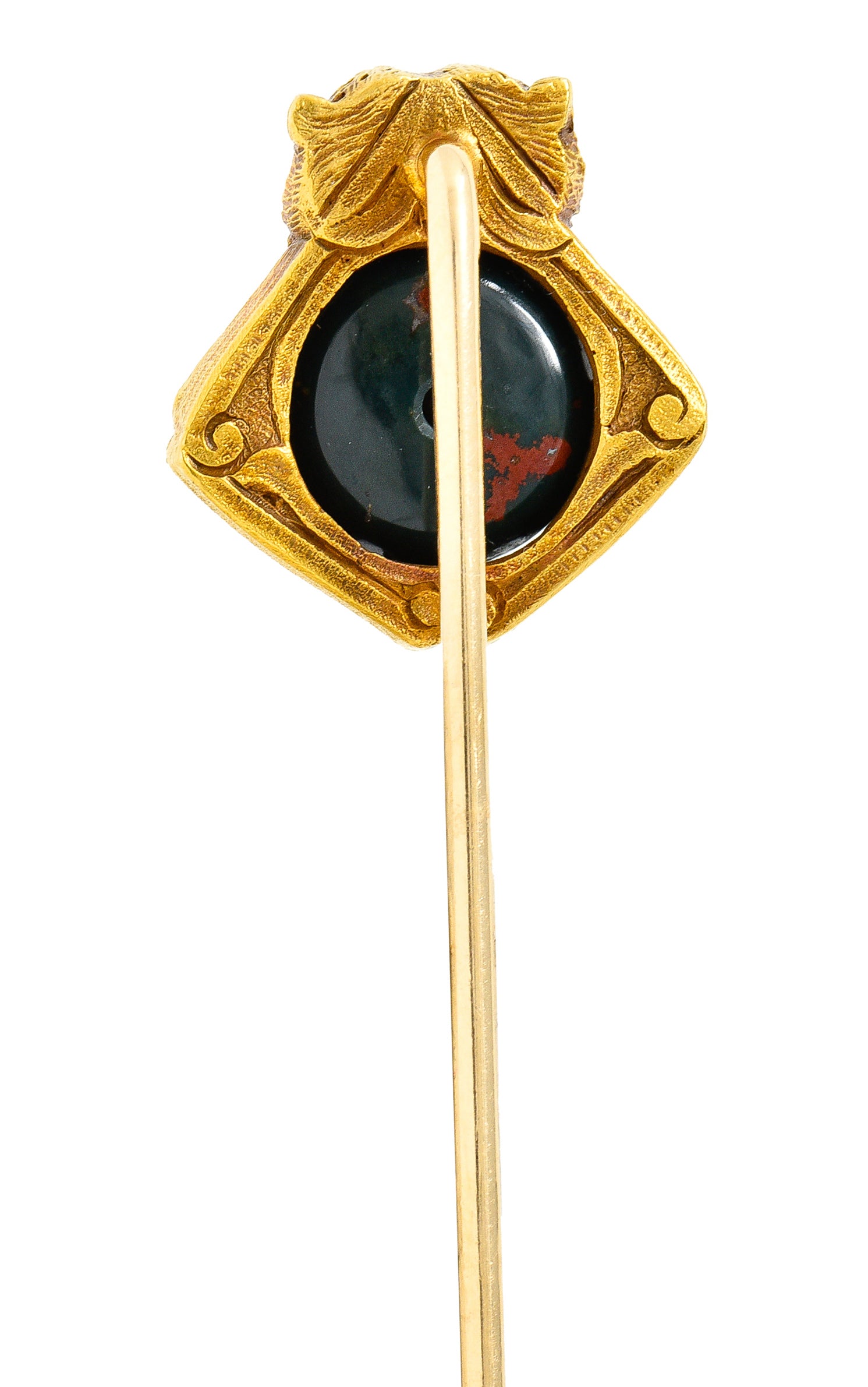 Art Nouveau Bloodstone Cabochon 18 Karat Yellow Gold Lion Lotus Antique Murrle Bennet Stickpin Wilson's Estate Jewelry