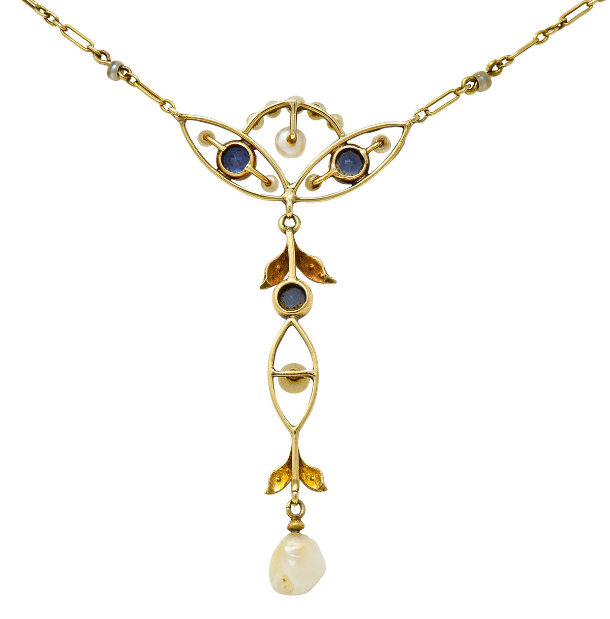 Art Nouveau Sapphire Pearl 14 Karat Gold Ornate Station NecklaceNecklace - Wilson's Estate Jewelry