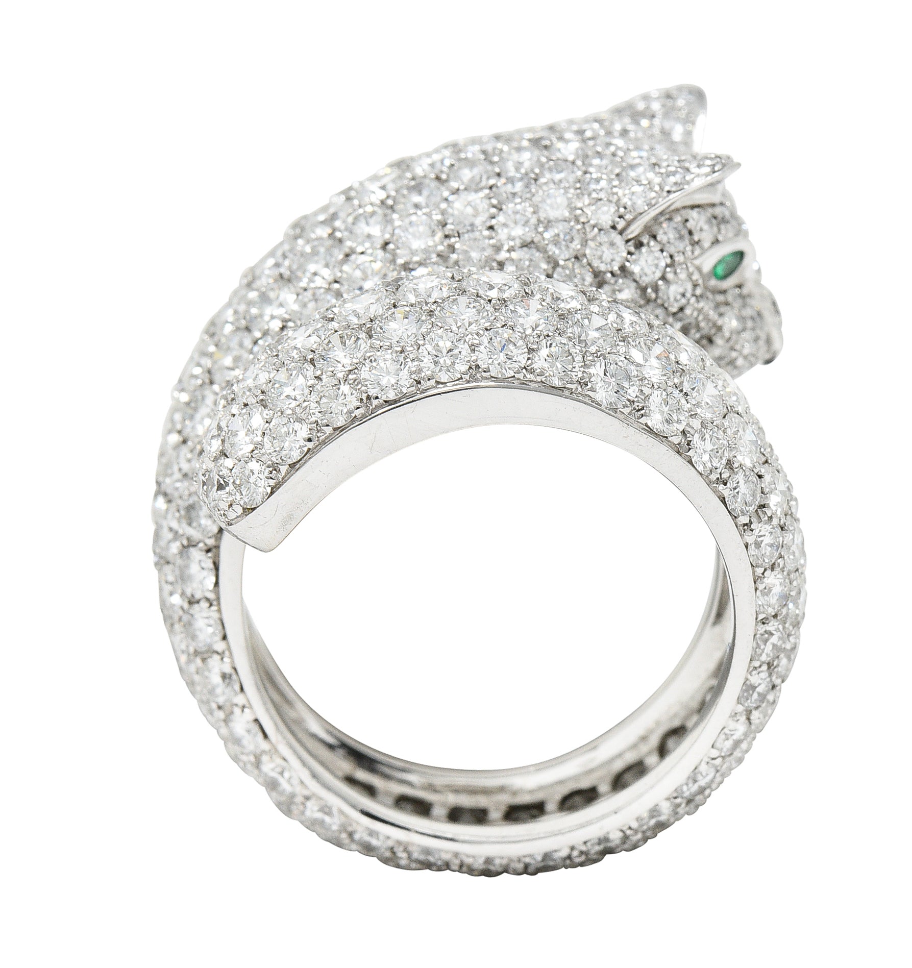 Cartier French 6.57 CTW Diamond Emerald 18 Karat White Gold Panthere Bypass RingRings - Wilson's Estate Jewelry
