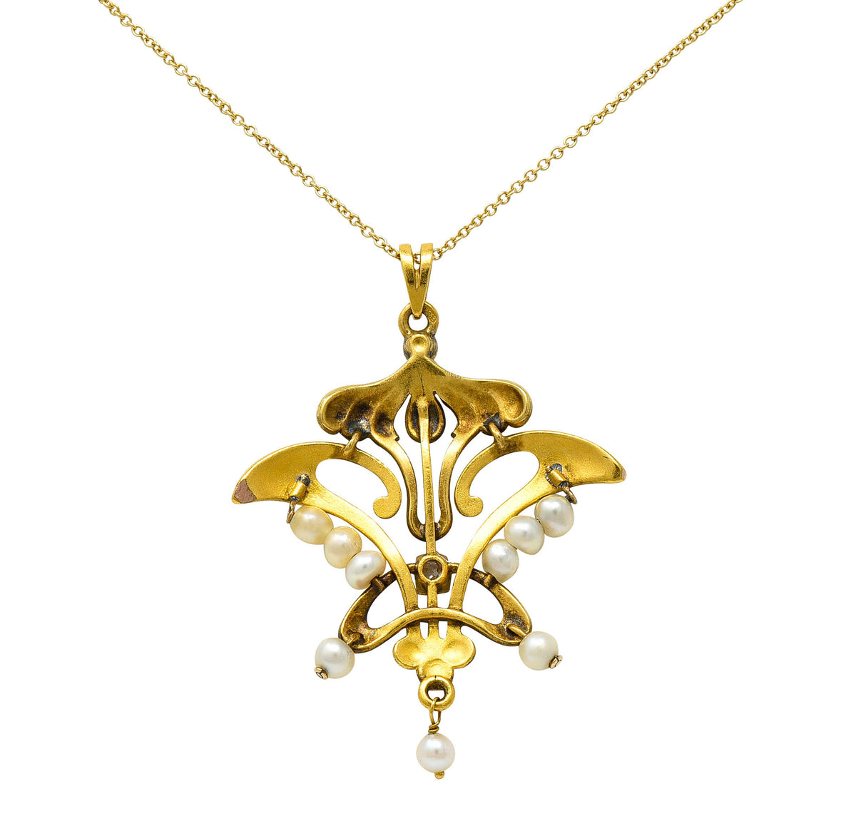 Art Nouveau Diamond Pearl 14 Karat Tri-Colored Gold Whiplash Pendant NecklaceNecklace - Wilson's Estate Jewelry