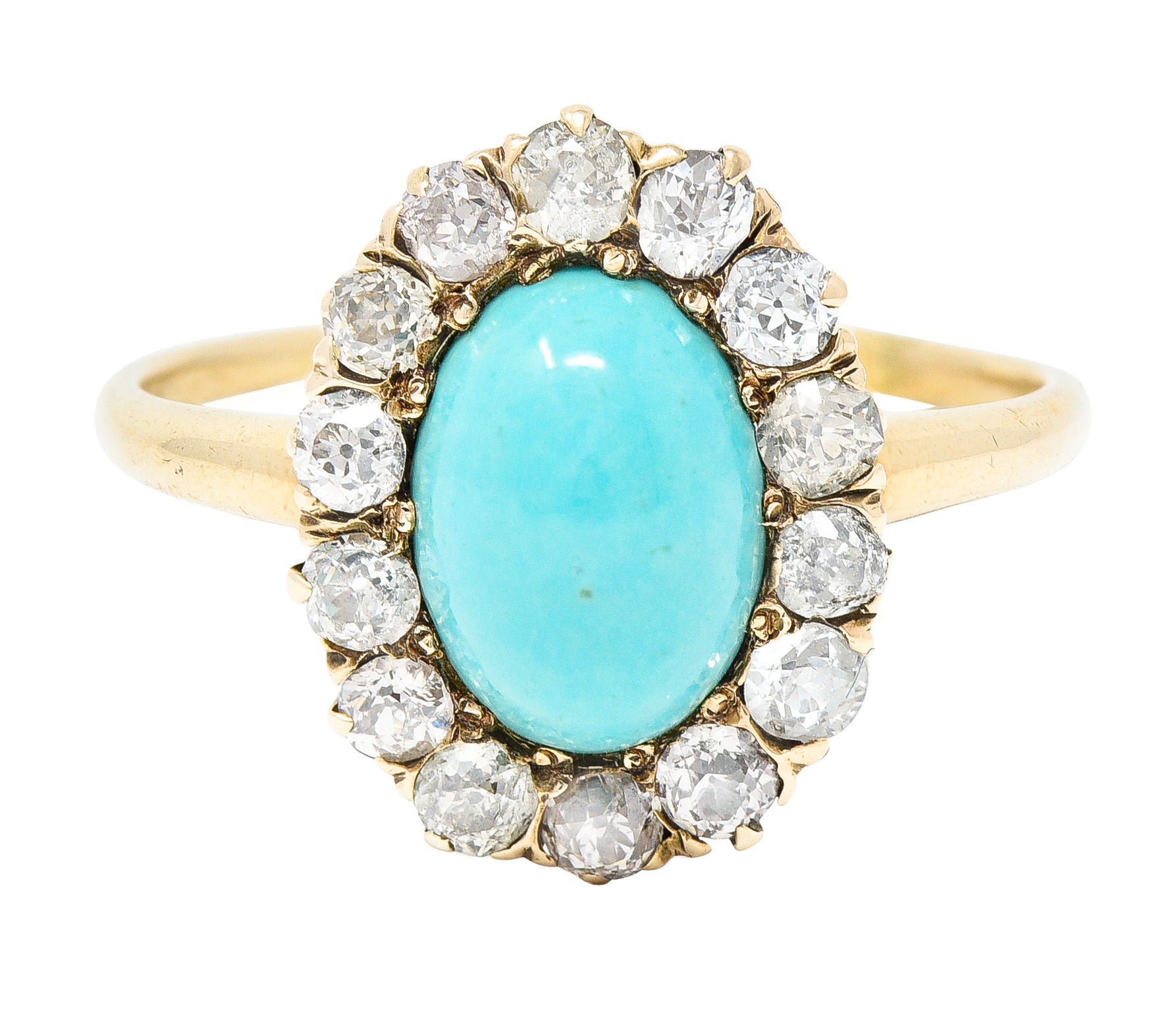 Victorian Turquoise Cabochon Old Mine Cut Diamond 14 Karat Yellow Gold Halo Ring Wilson's Estate Jewelry