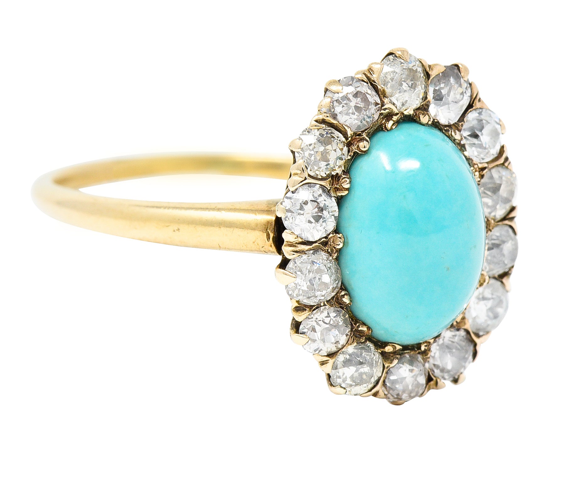 Victorian Turquoise Cabochon Old Mine Cut Diamond 14 Karat Yellow Gold Halo Ring Wilson's Estate Jewelry