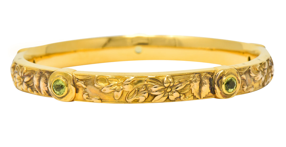 Riker Brothers Art Nouveau Peridot 14 Karat Gold Floral Bangle Braceletbracelet - Wilson's Estate Jewelry