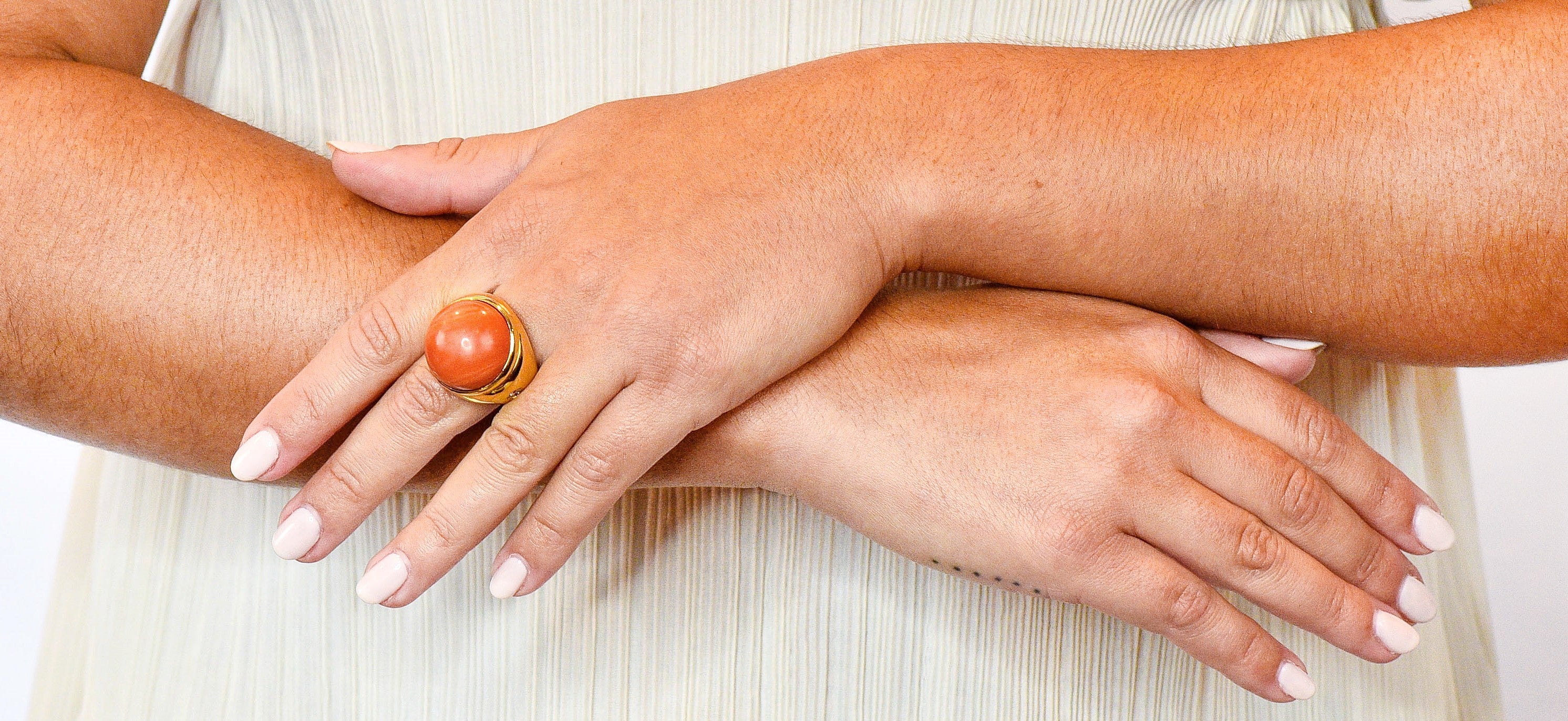 Jacent Vintage Coral Diamond 18 Karat Gold Unisex Cabochon Gemstone Ring - Wilson's Estate Jewelry