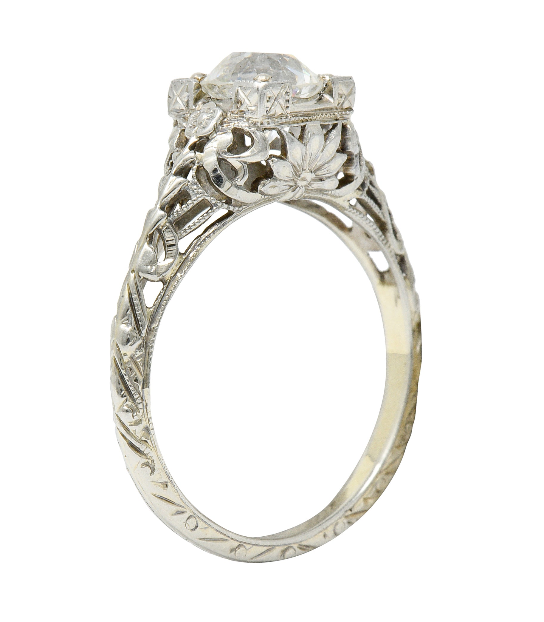1930's Walter McKenna 1.00 CTW Diamond 18 Karat White Gold Floral Engagement RingRing - Wilson's Estate Jewelry