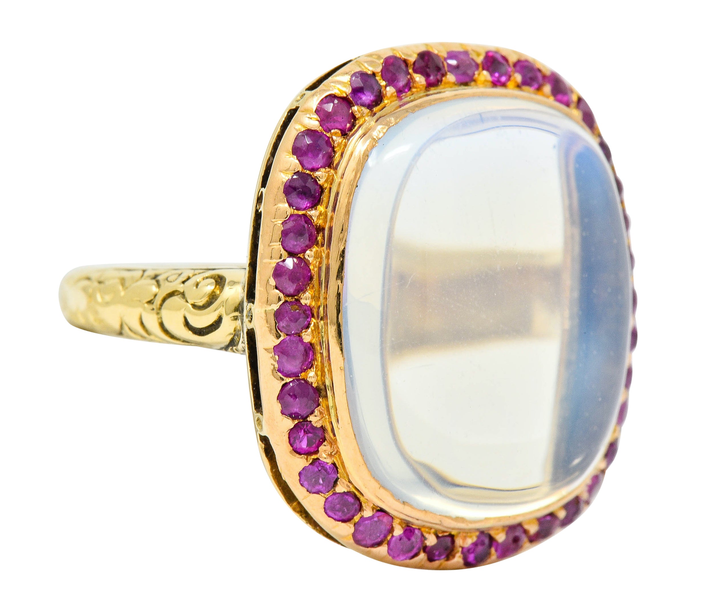 Victorian Moonstone Ruby 18 Karat Gold Cushion Cabochon Ring - Wilson's Estate Jewelry